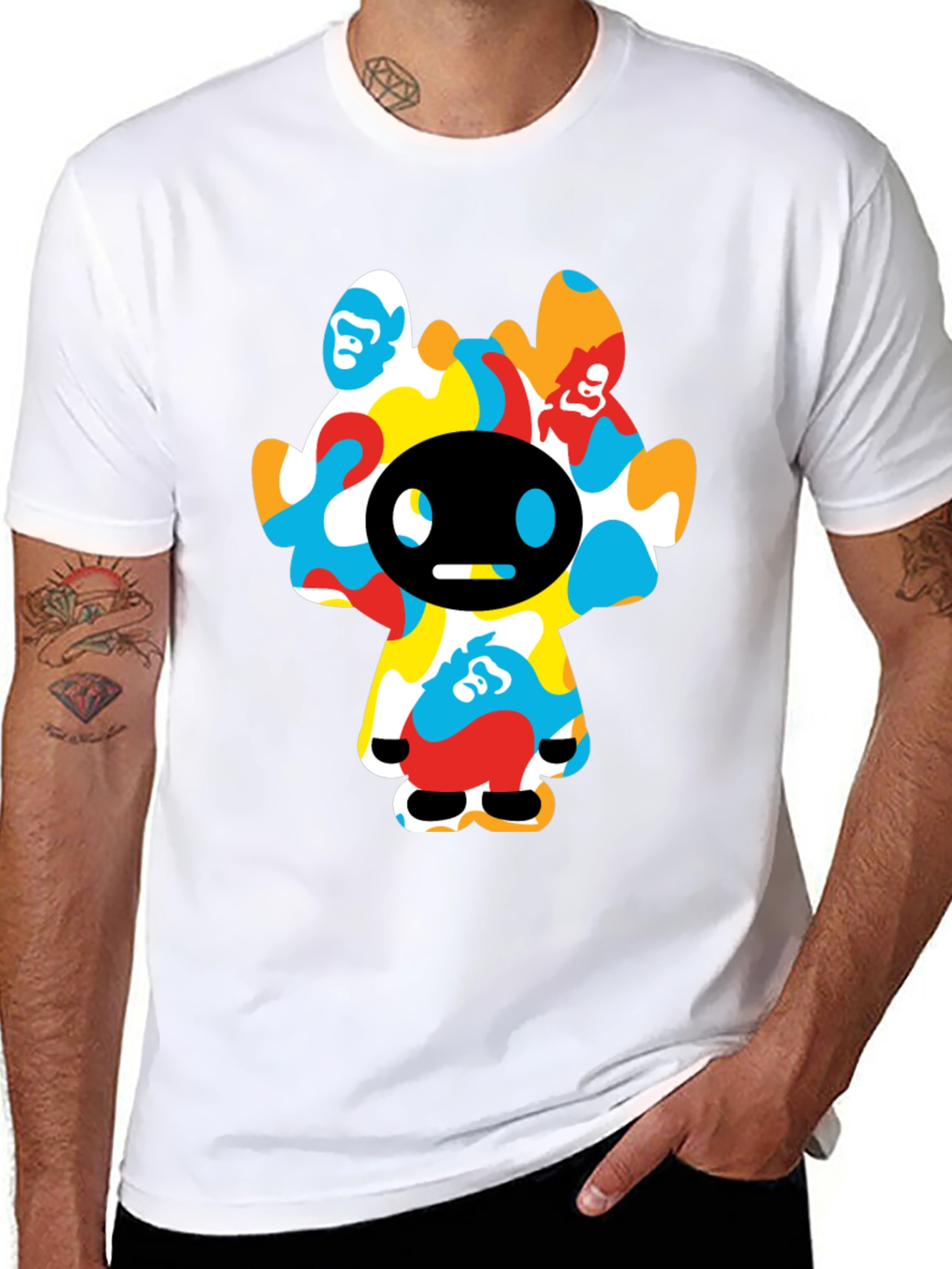 Funky Cartoon Character Graphic Tee - Black Cotton
