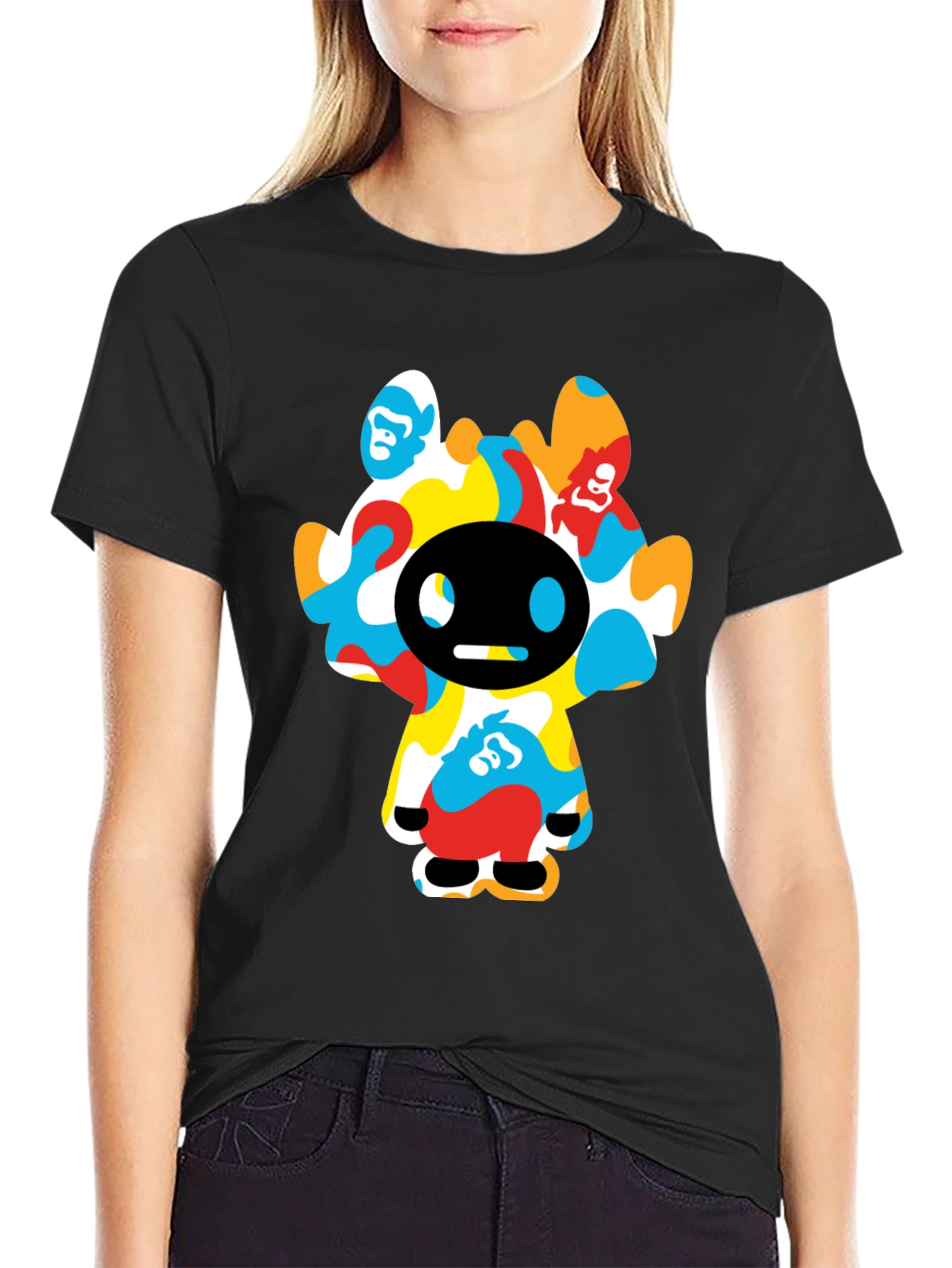 Funky Cartoon Character Graphic Tee - Black Cotton