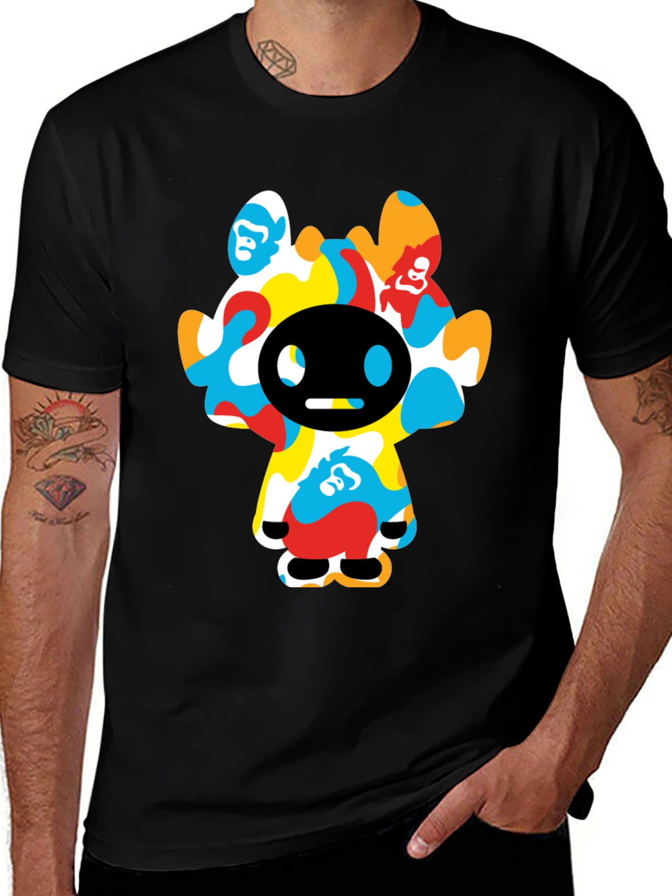 Funky Cartoon Character Graphic Tee - Black Cotton