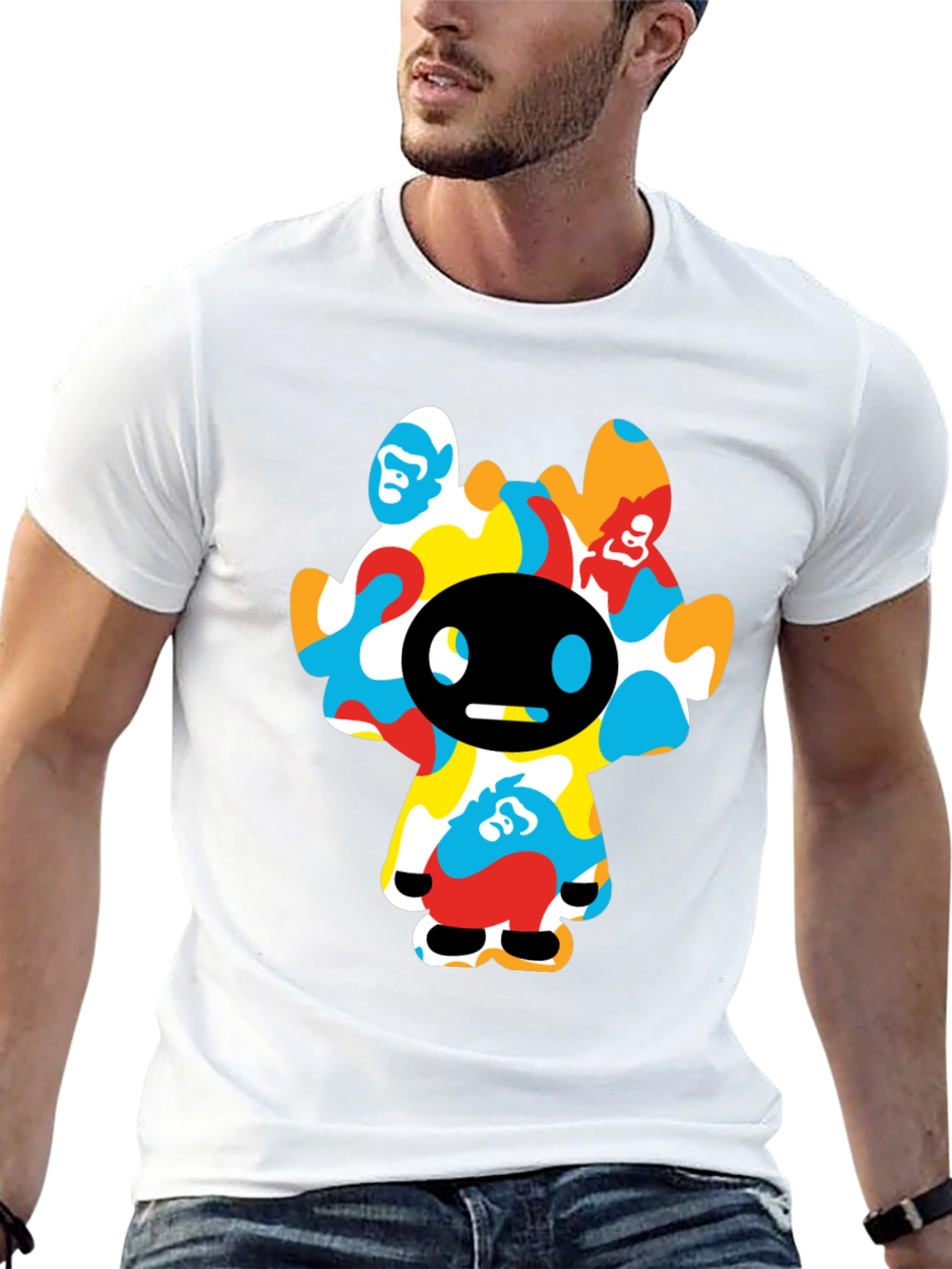Funky Cartoon Character Graphic Tee - Black Cotton
