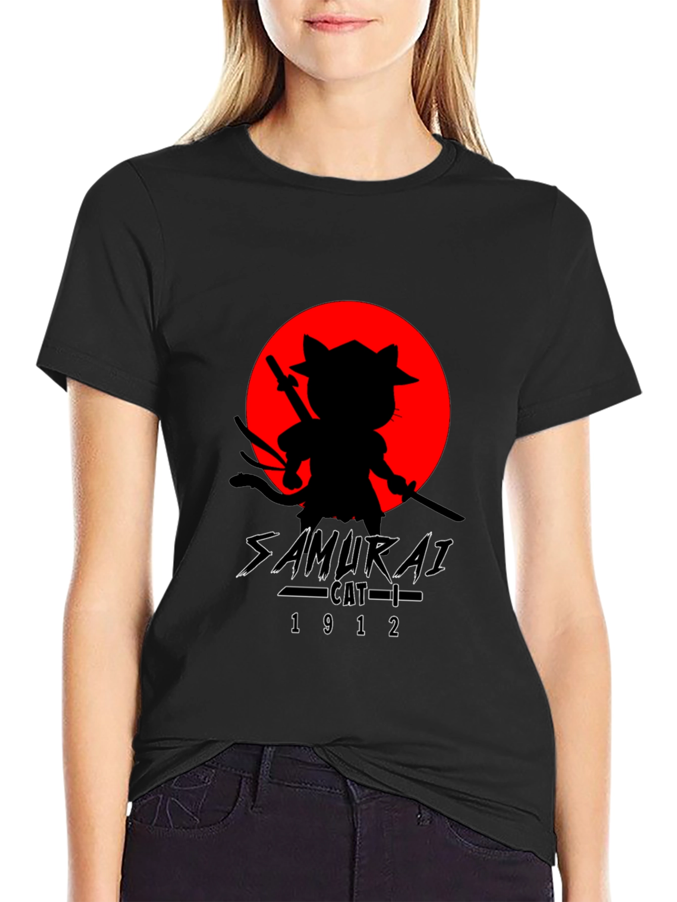 Samurai Cat T-Shirt - Black Graphic Tee
