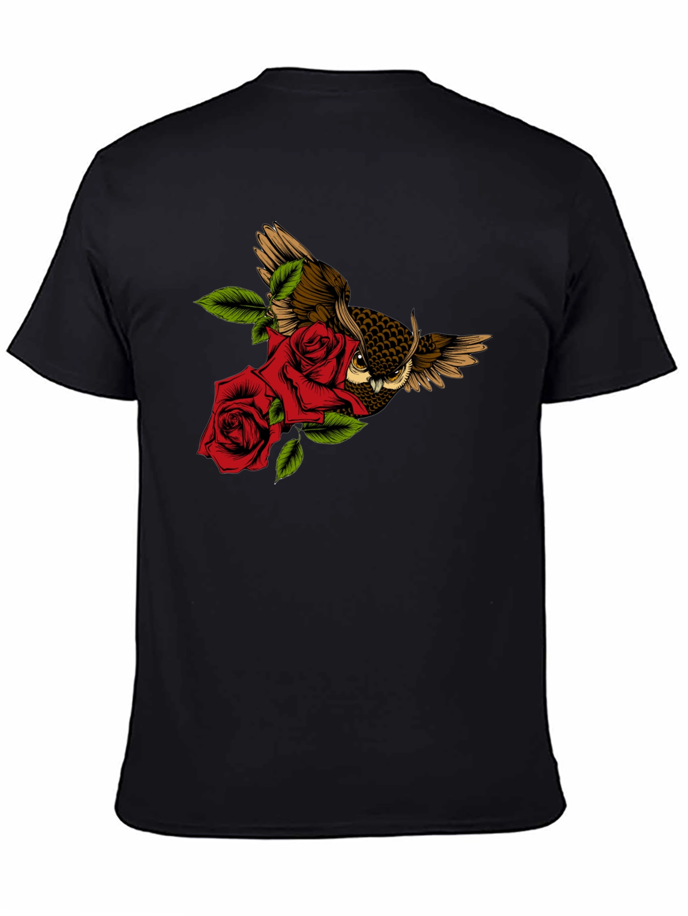 Owl and Rose Graphic T-Shirt - Black