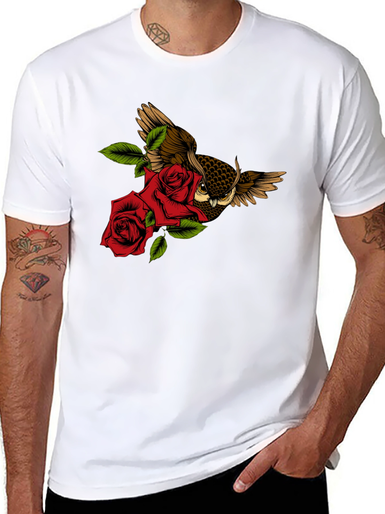 Owl and Rose Graphic T-Shirt - Black
