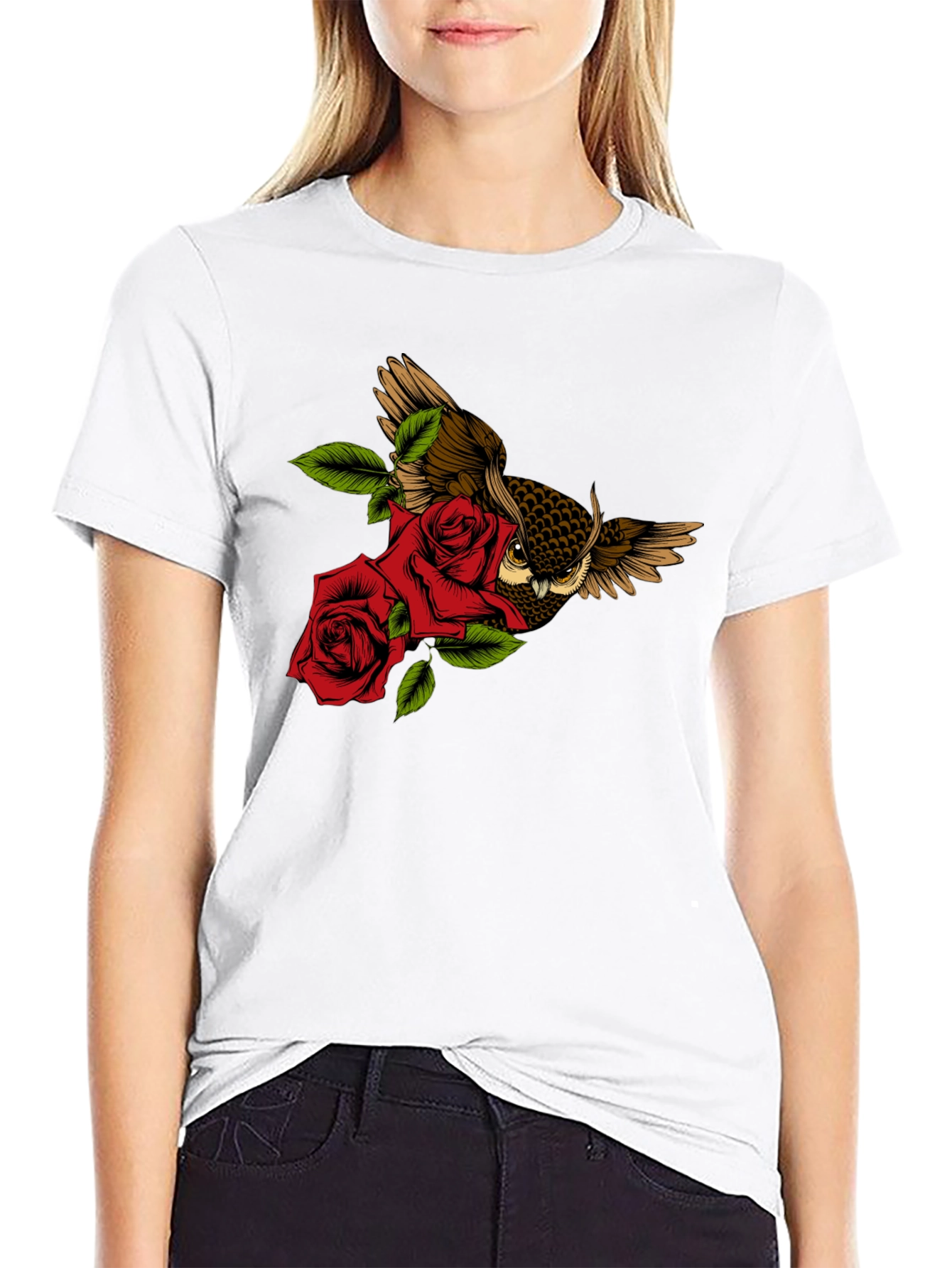 Owl and Rose Graphic T-Shirt - Black