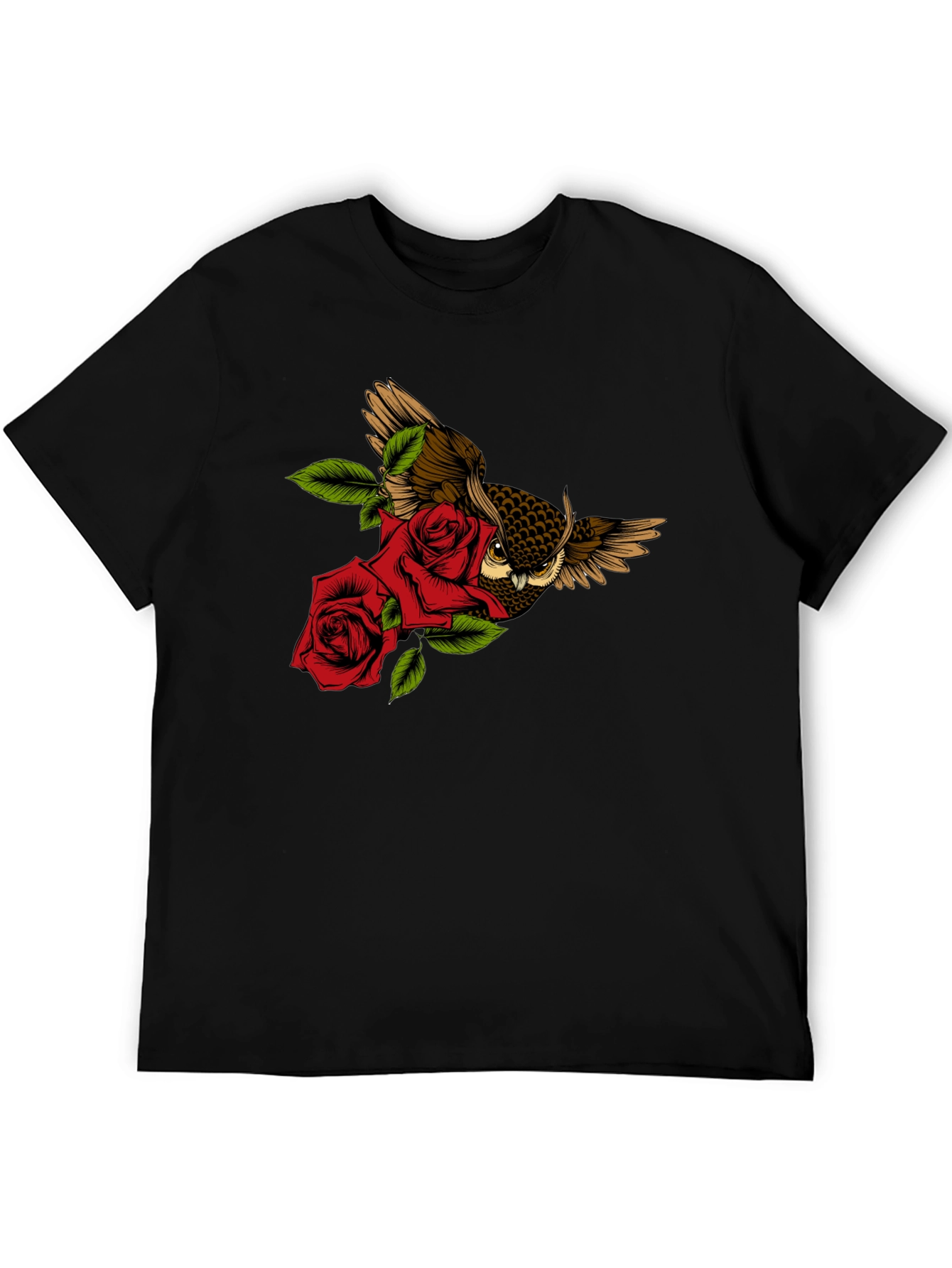 Owl and Rose Graphic T-Shirt - Black