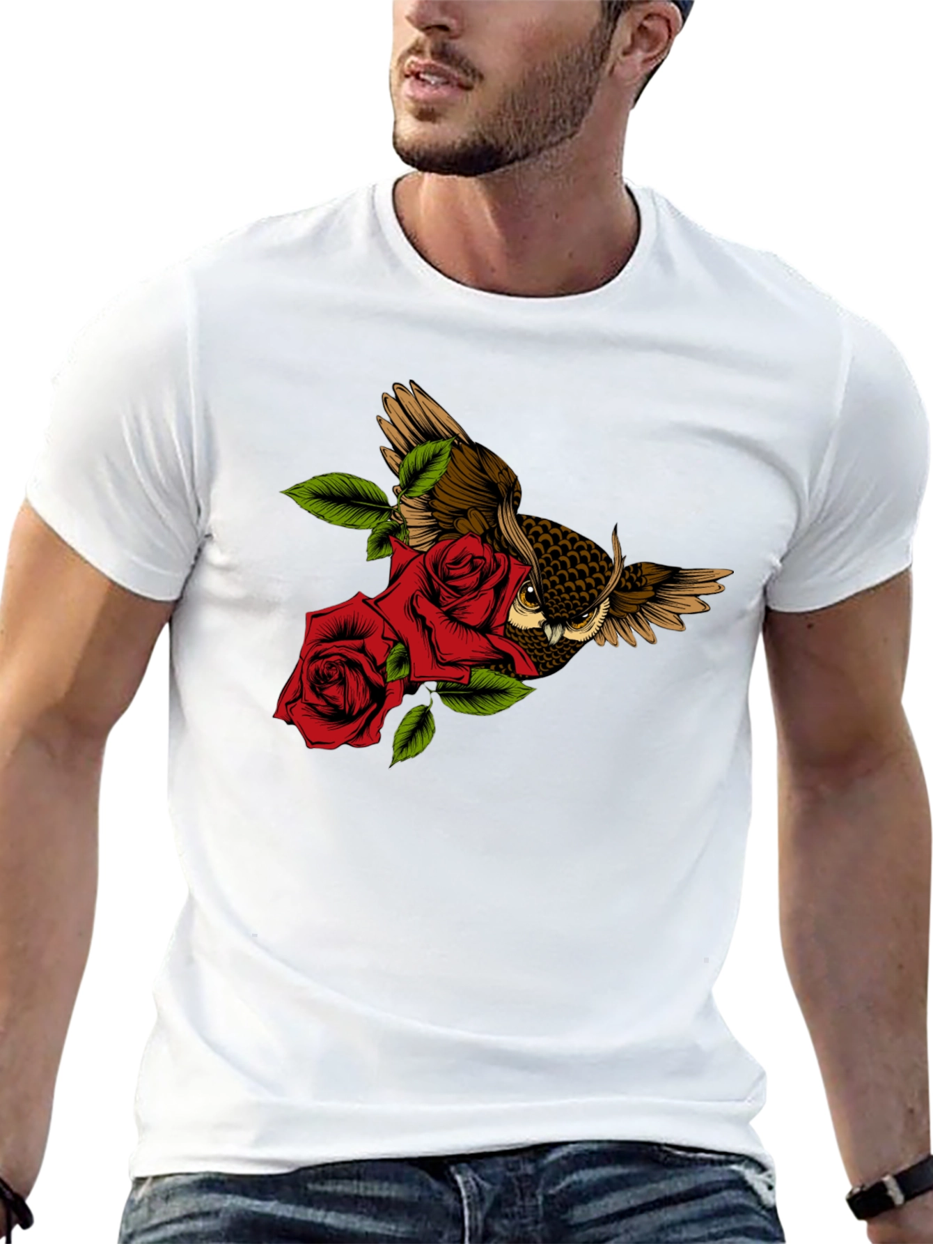 Owl and Rose Graphic T-Shirt - Black