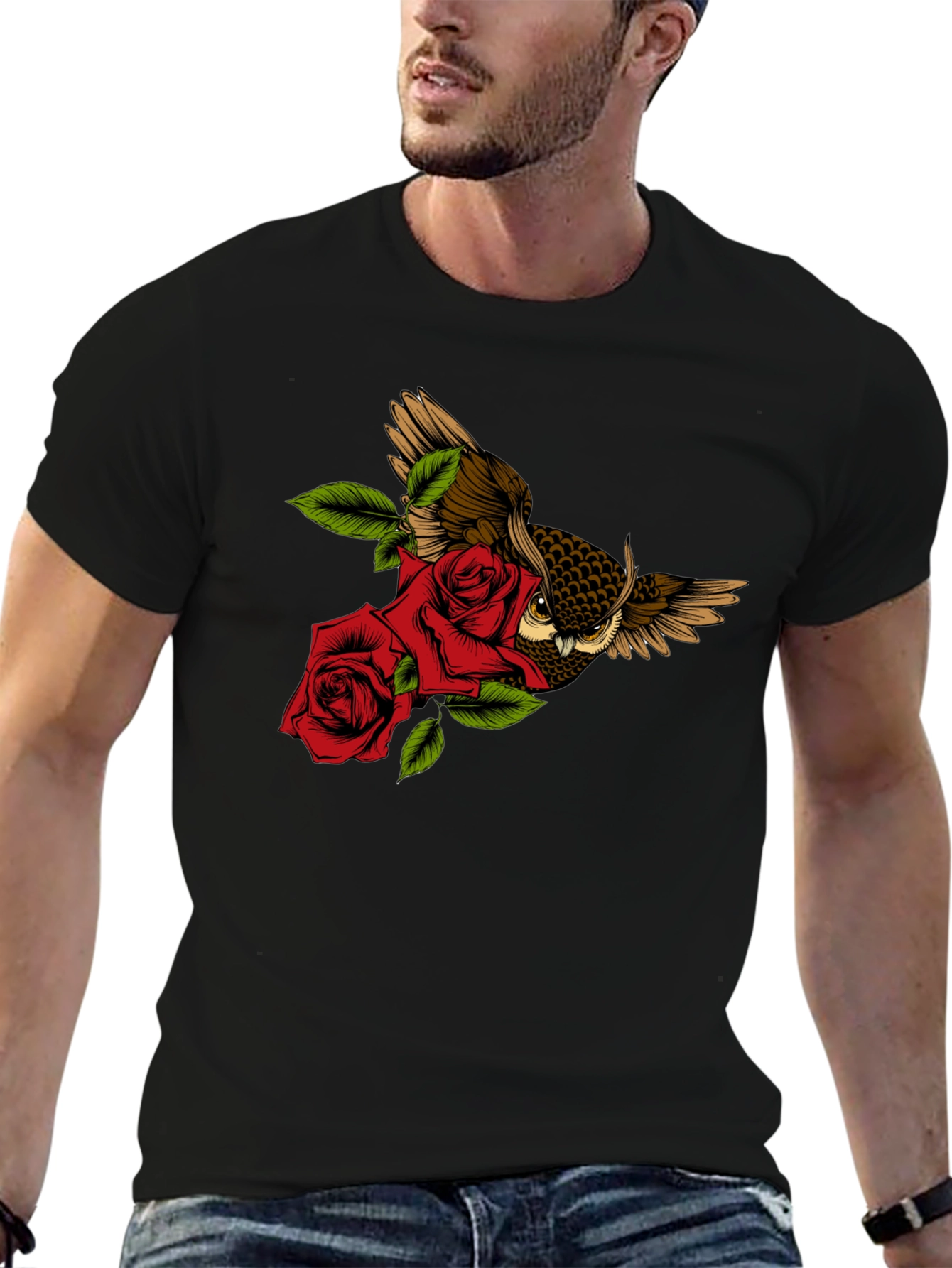 Owl and Rose Graphic T-Shirt - Black