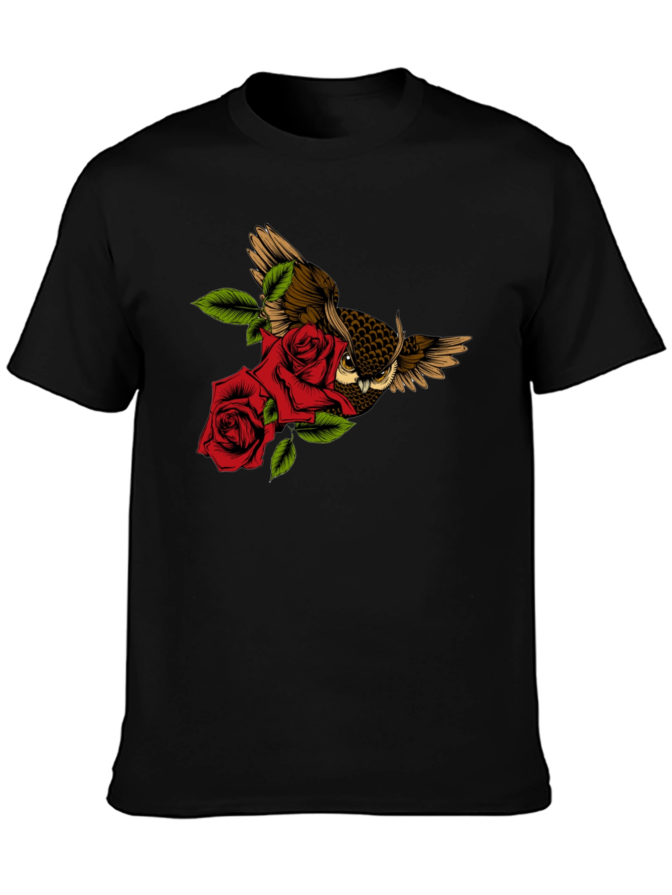 Owl and Rose Graphic T-Shirt - Black