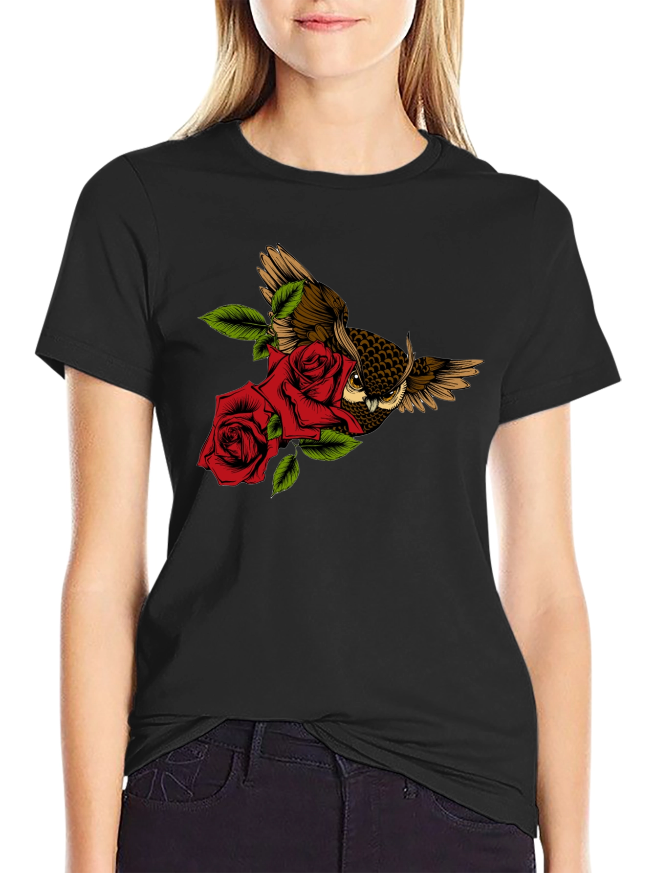 Owl and Rose Graphic T-Shirt - Black