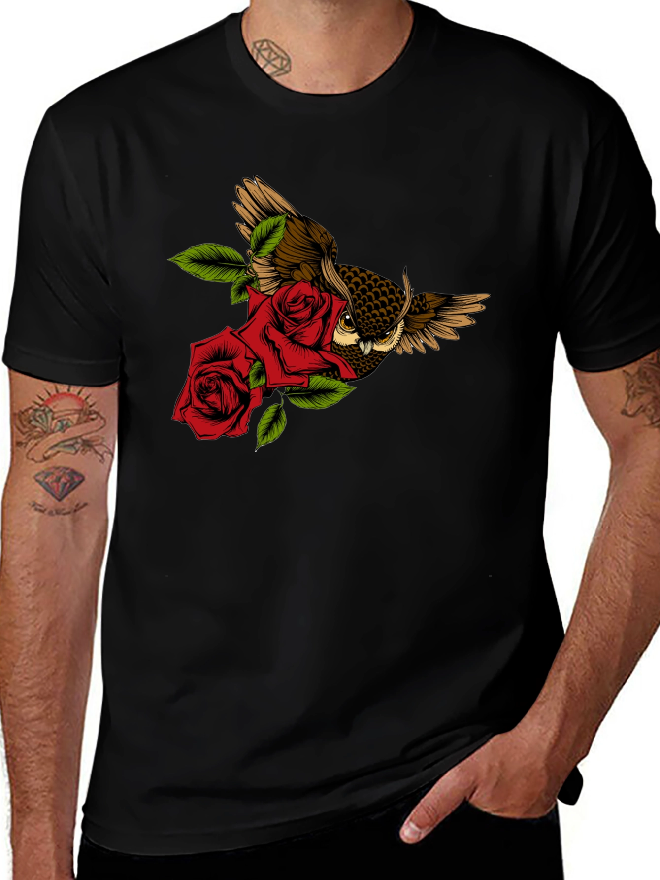 Owl and Rose Graphic T-Shirt - Black