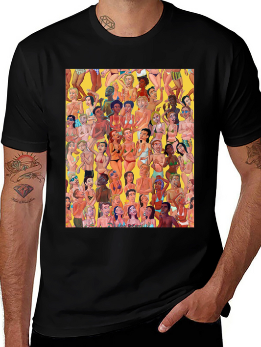 Beach Crowd Graphic Tee - Black Cotton T-Shirt