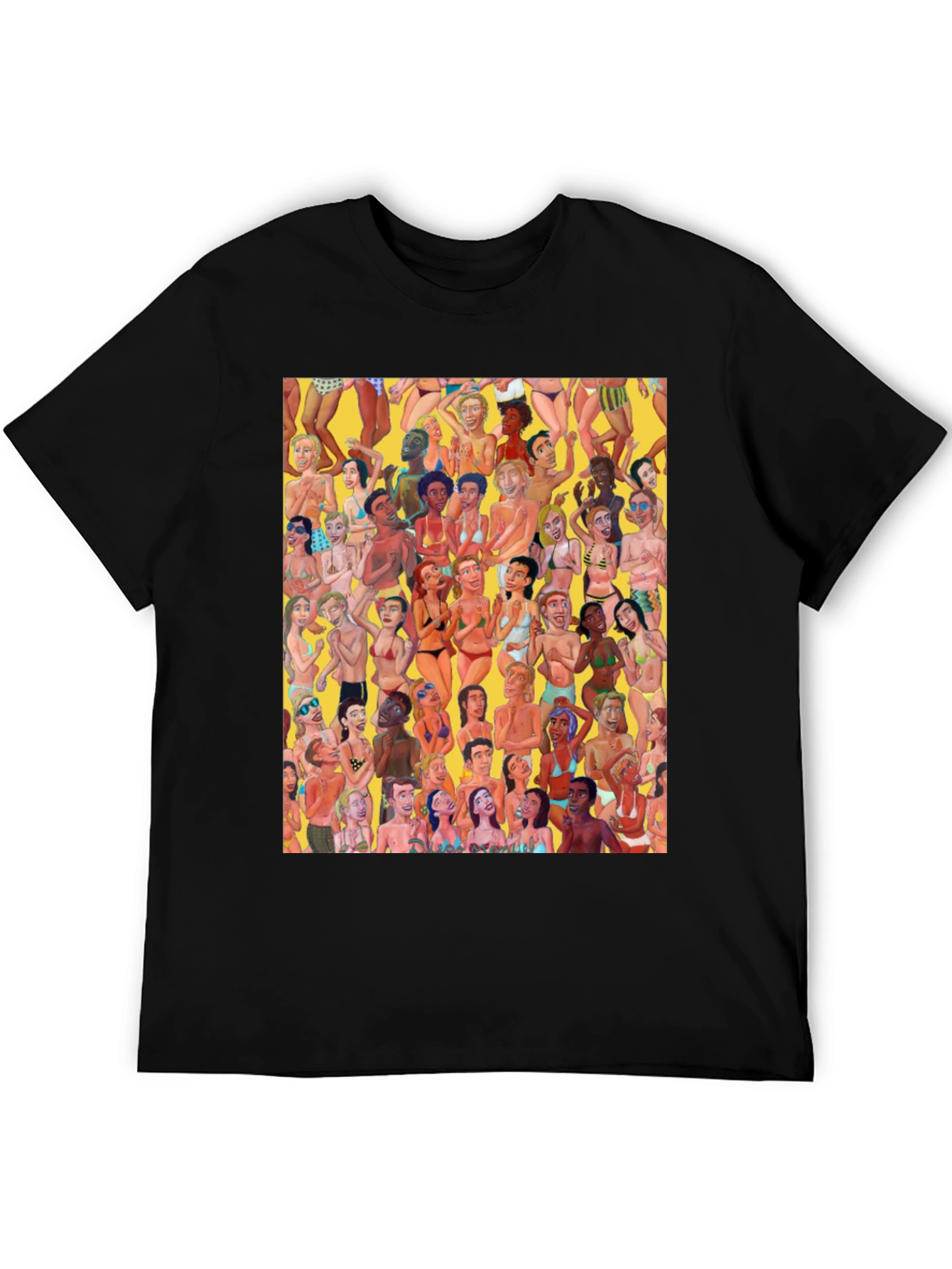 Beach Crowd Graphic Tee - Black Cotton T-Shirt
