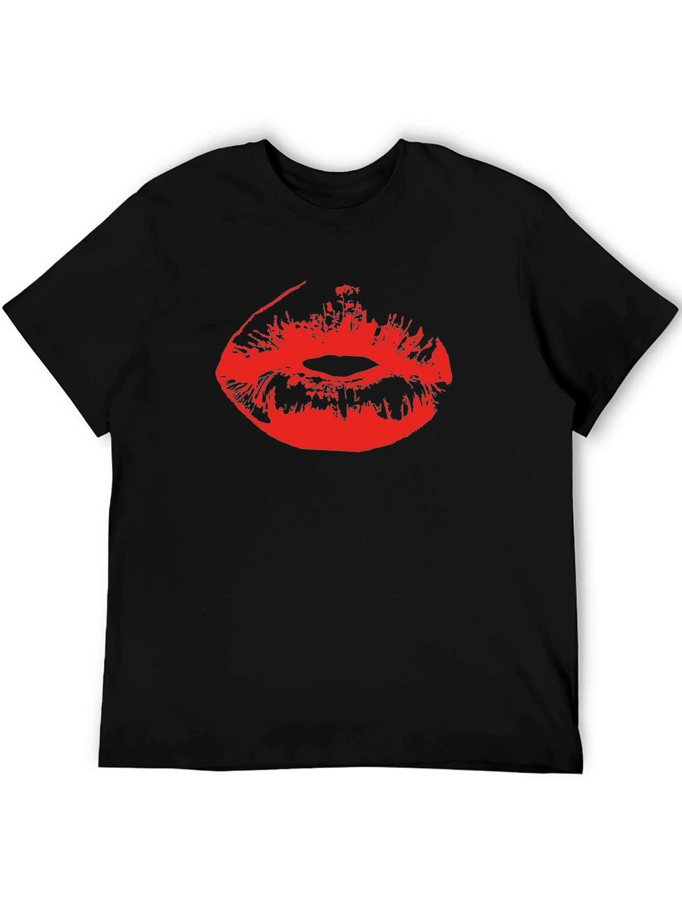 Red Lips Print Black Cotton T-Shirt