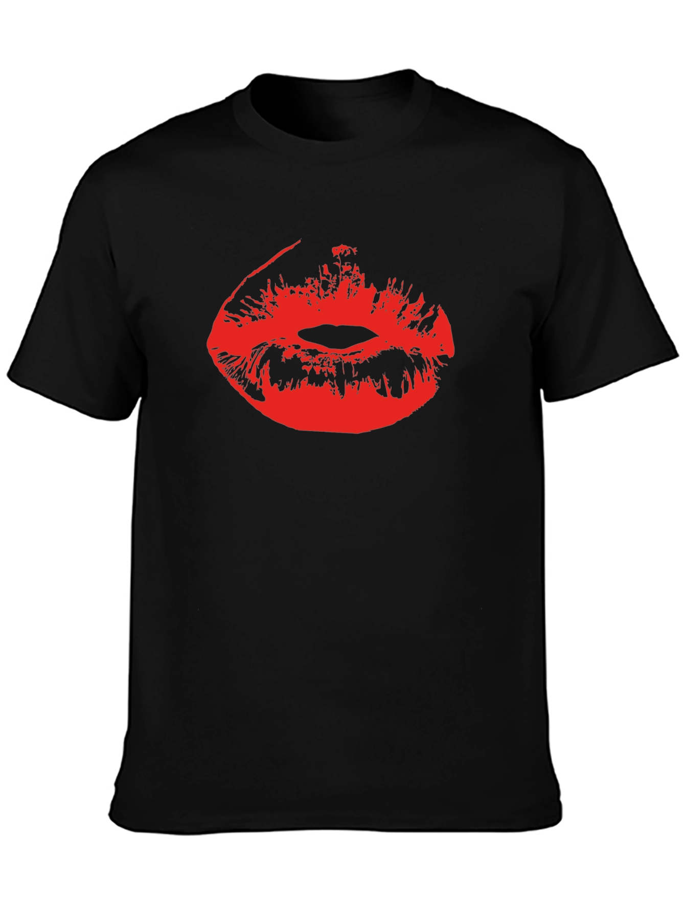 Red Lips Print Black Cotton T-Shirt