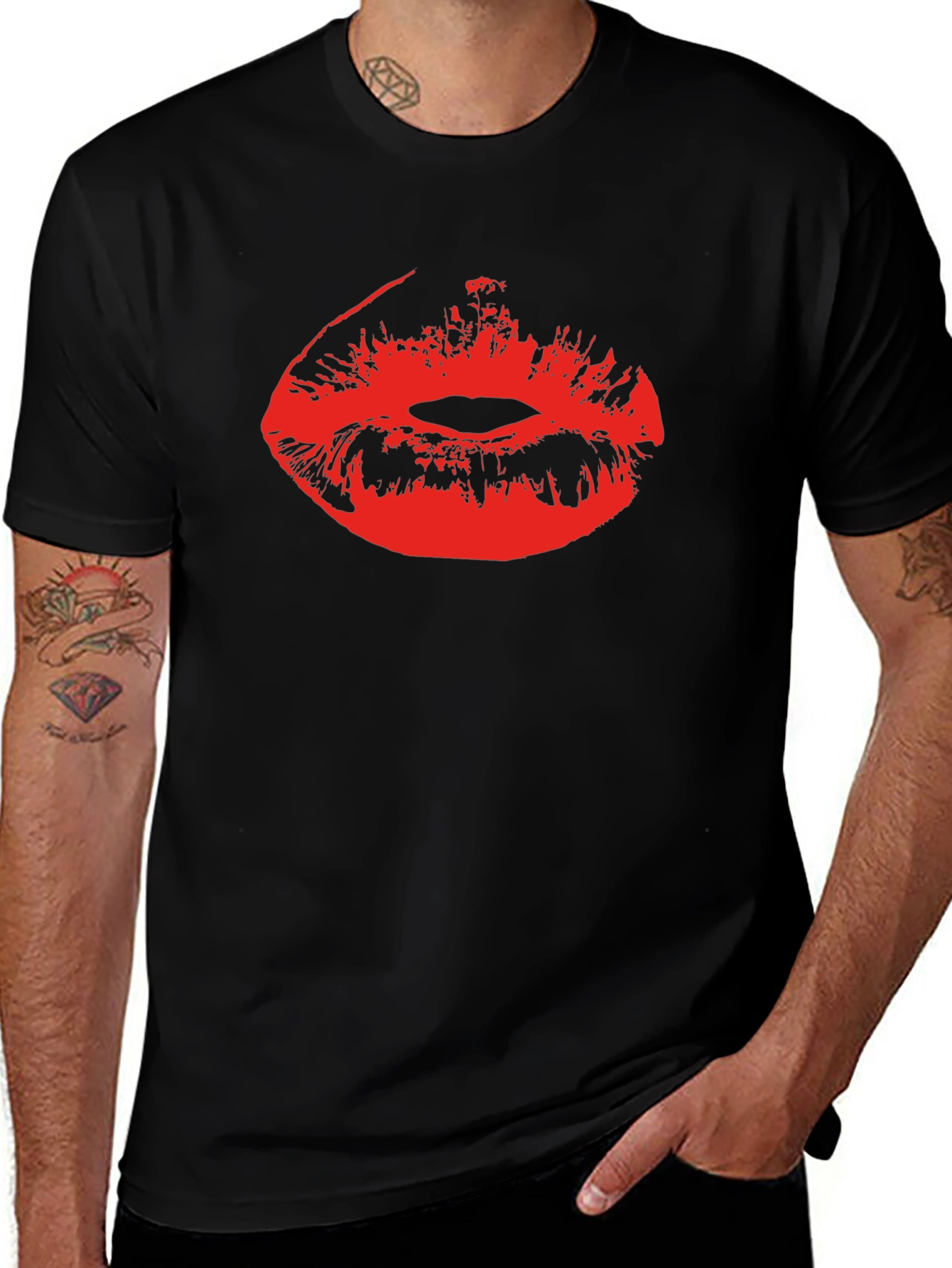 Red Lips Print Black Cotton T-Shirt