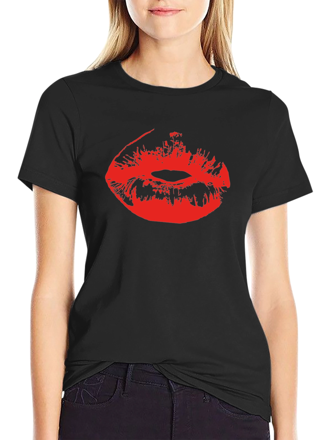Red Lips Print Black Cotton T-Shirt