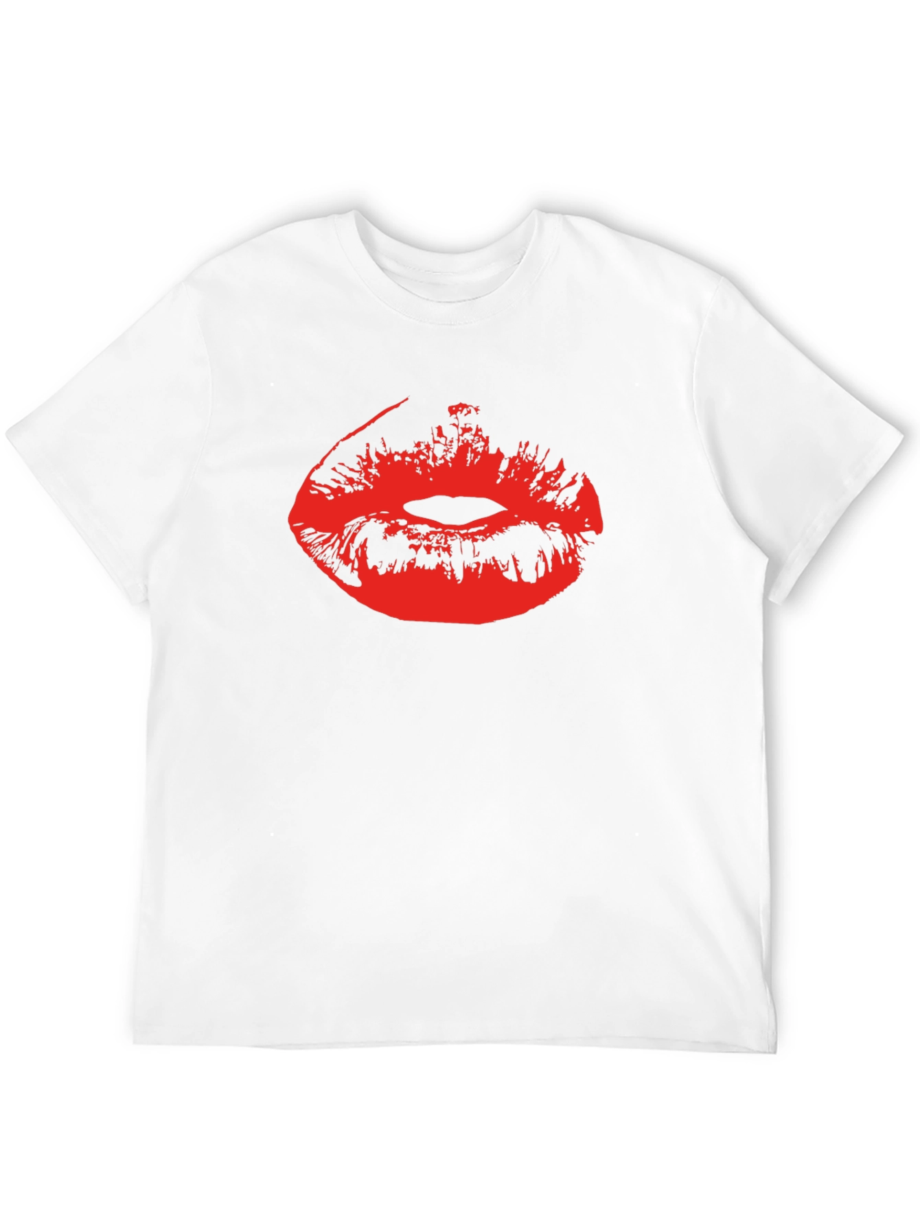 Red Lips Print Black Cotton T-Shirt