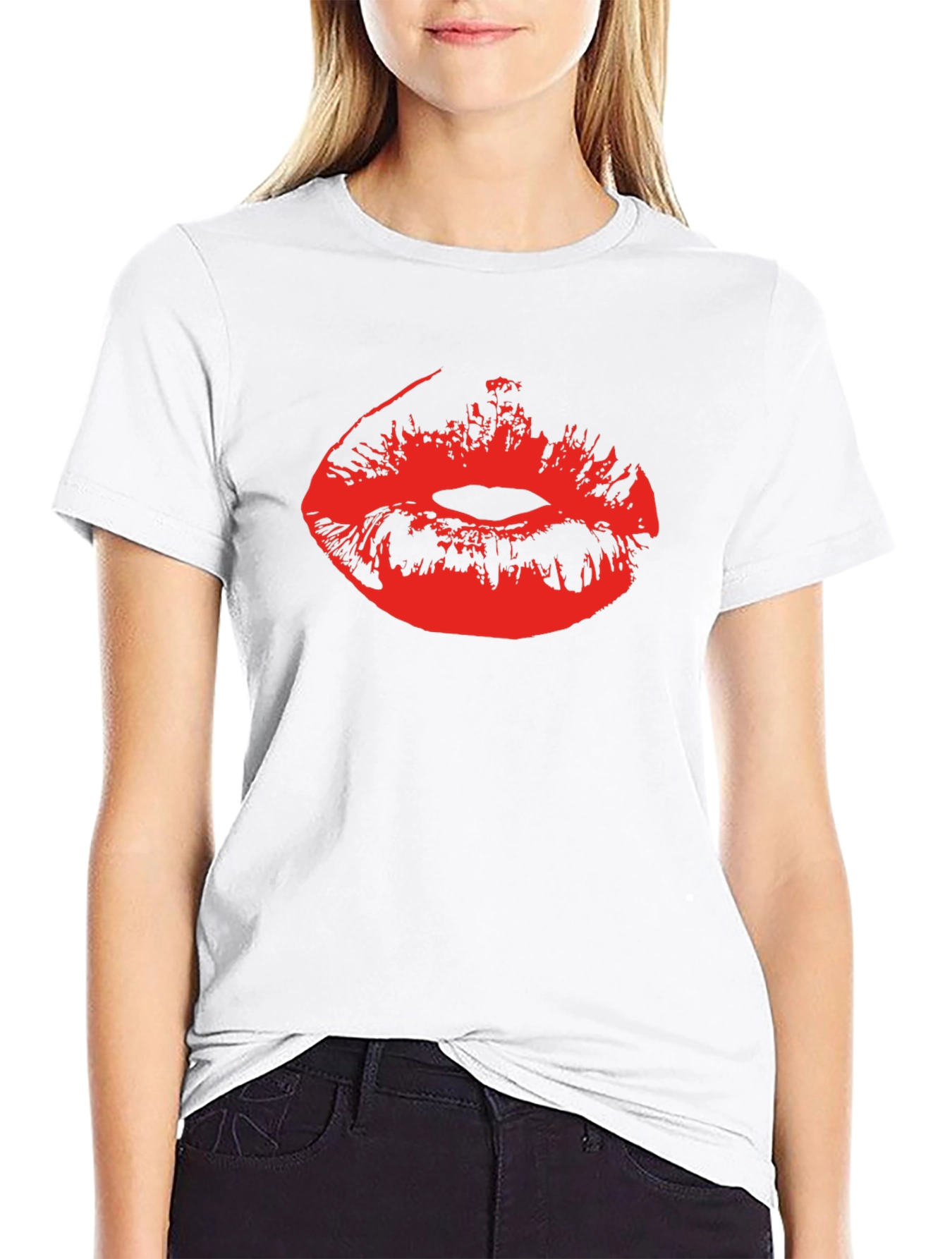Red Lips Print Black Cotton T-Shirt