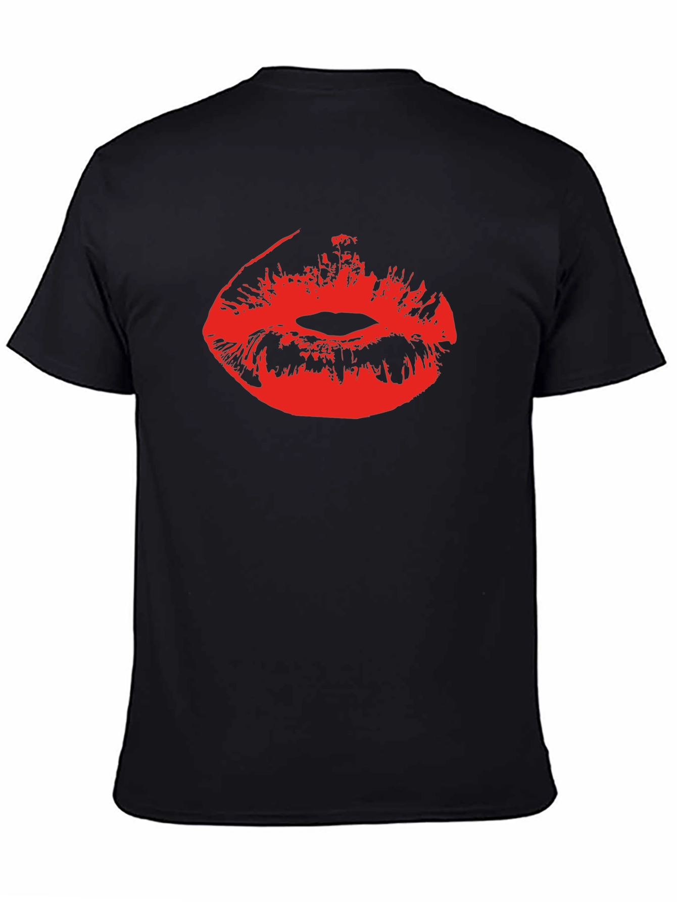Red Lips Print Black Cotton T-Shirt