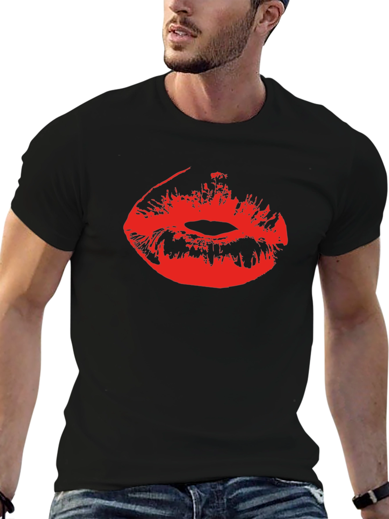 Red Lips Print Black Cotton T-Shirt