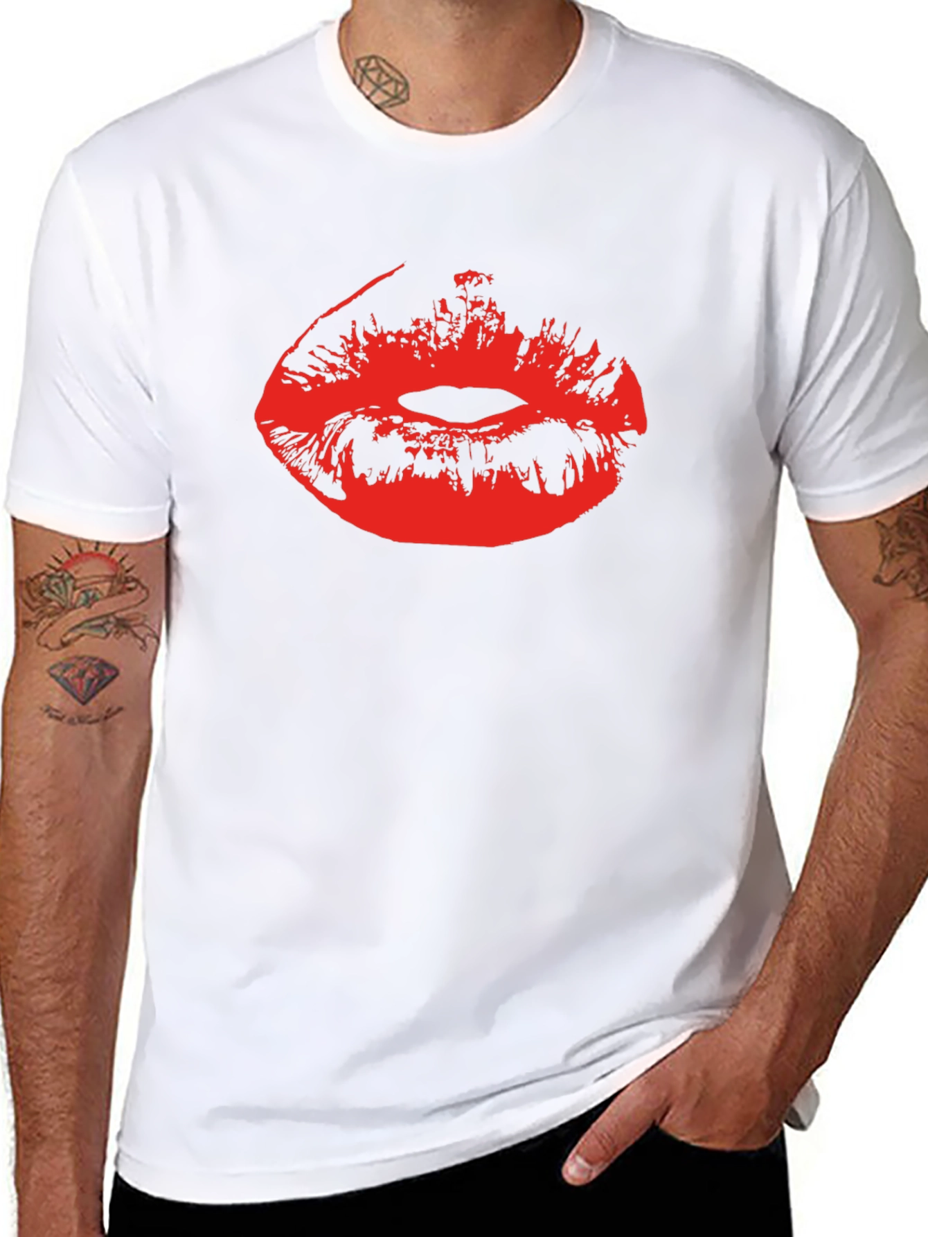 Red Lips Print Black Cotton T-Shirt