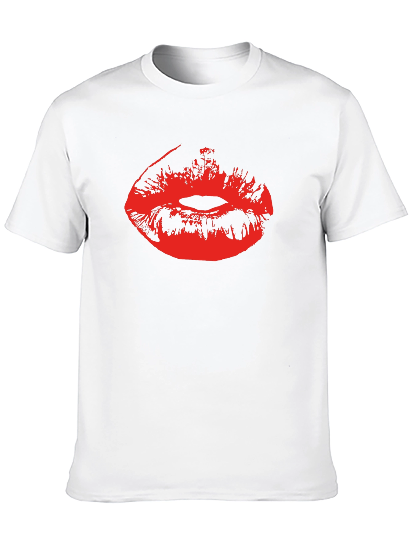 Red Lips Print Black Cotton T-Shirt