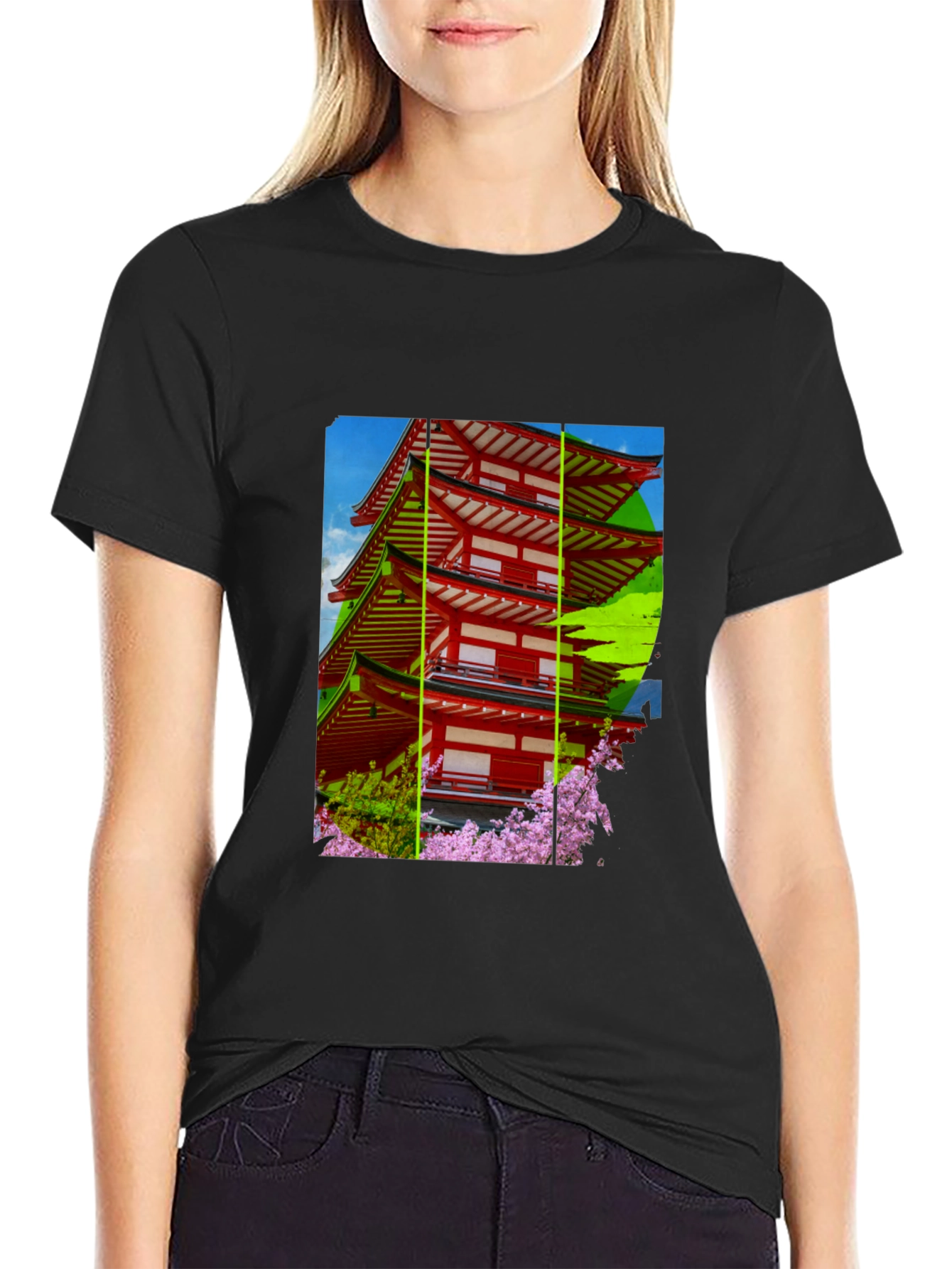 Japanese Pagoda T-Shirt - Black Cotton Blend