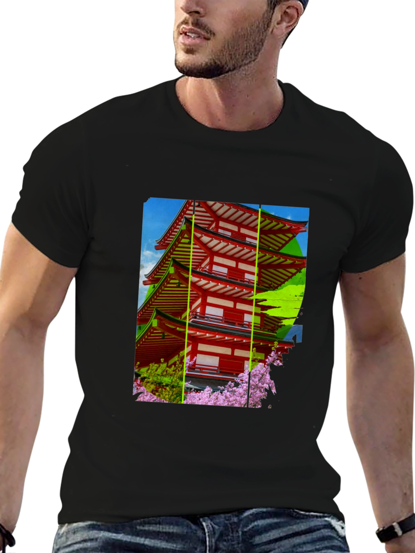 Japanese Pagoda T-Shirt - Black Cotton Blend
