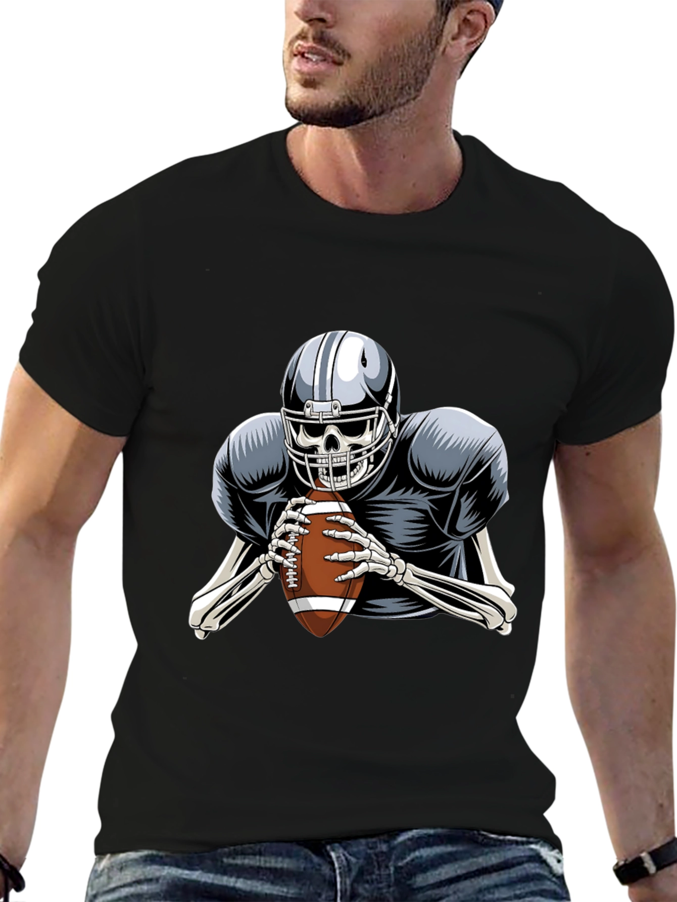 Skeleton Football Player Graphic Tee - Black