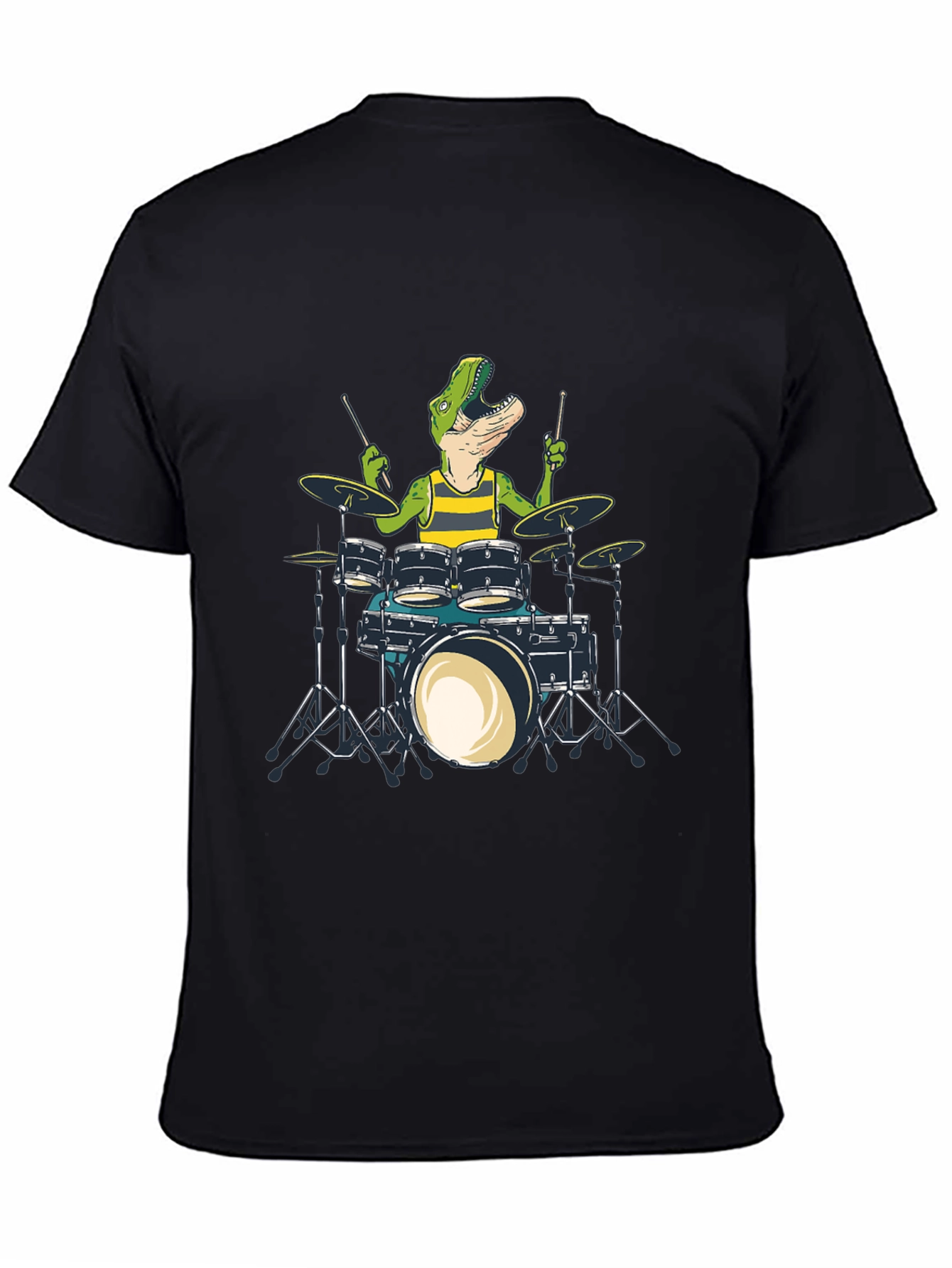Dino Drummer T-Shirt: Black Crew Neck Cotton Tee