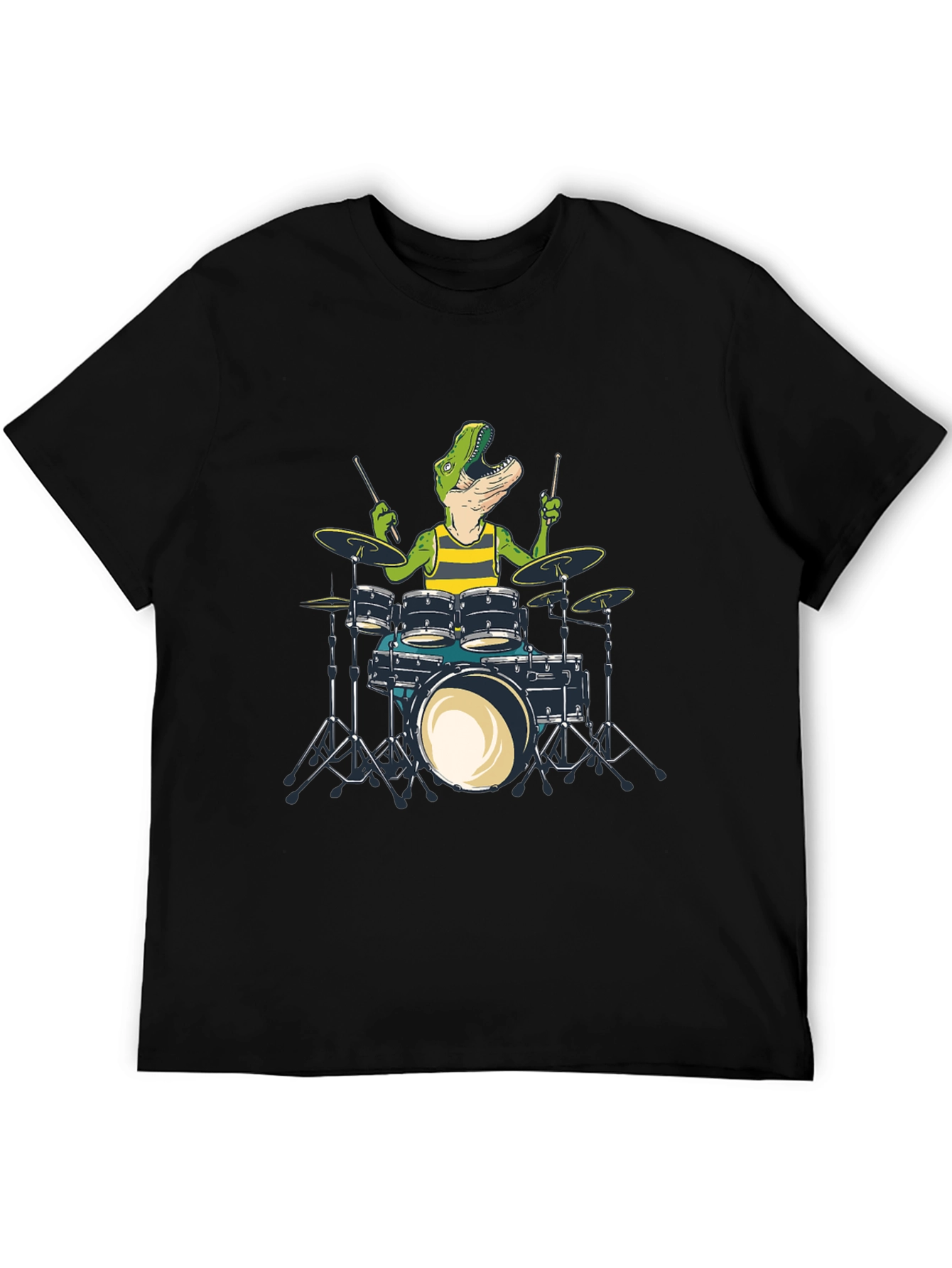 Dino Drummer T-Shirt: Black Crew Neck Cotton Tee