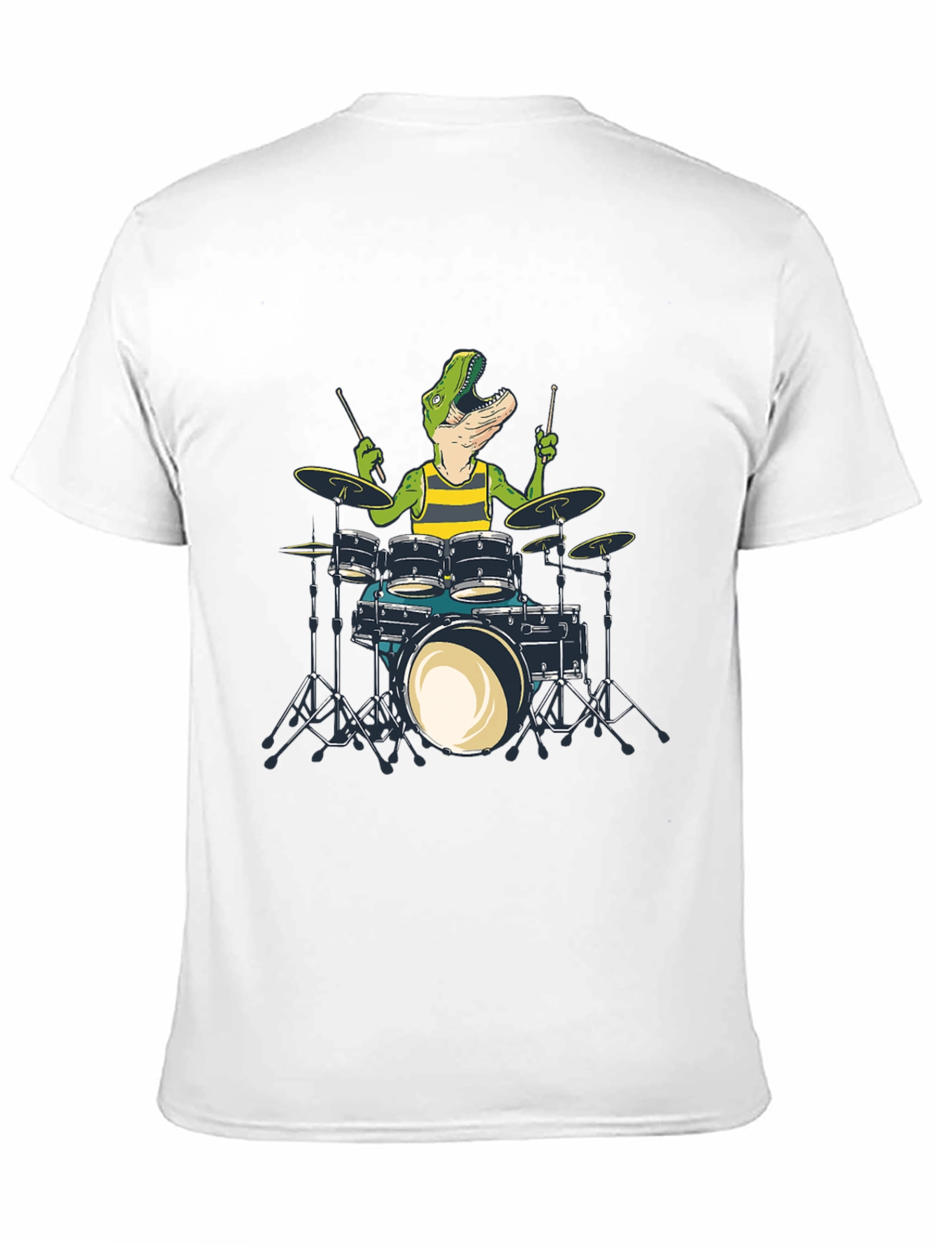Dino Drummer T-Shirt: Black Crew Neck Cotton Tee