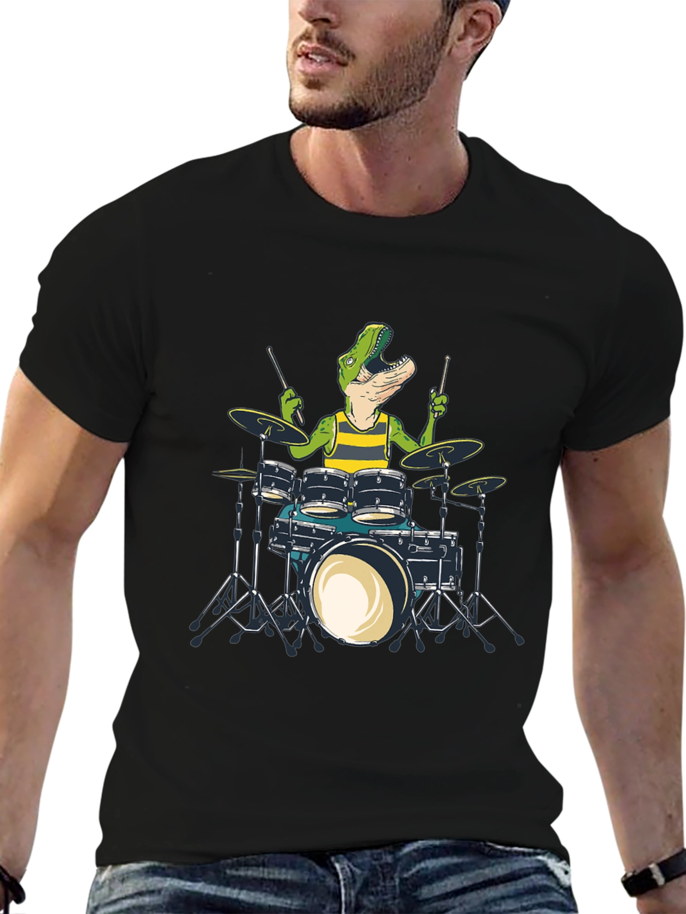 Dino Drummer T-Shirt: Black Crew Neck Cotton Tee