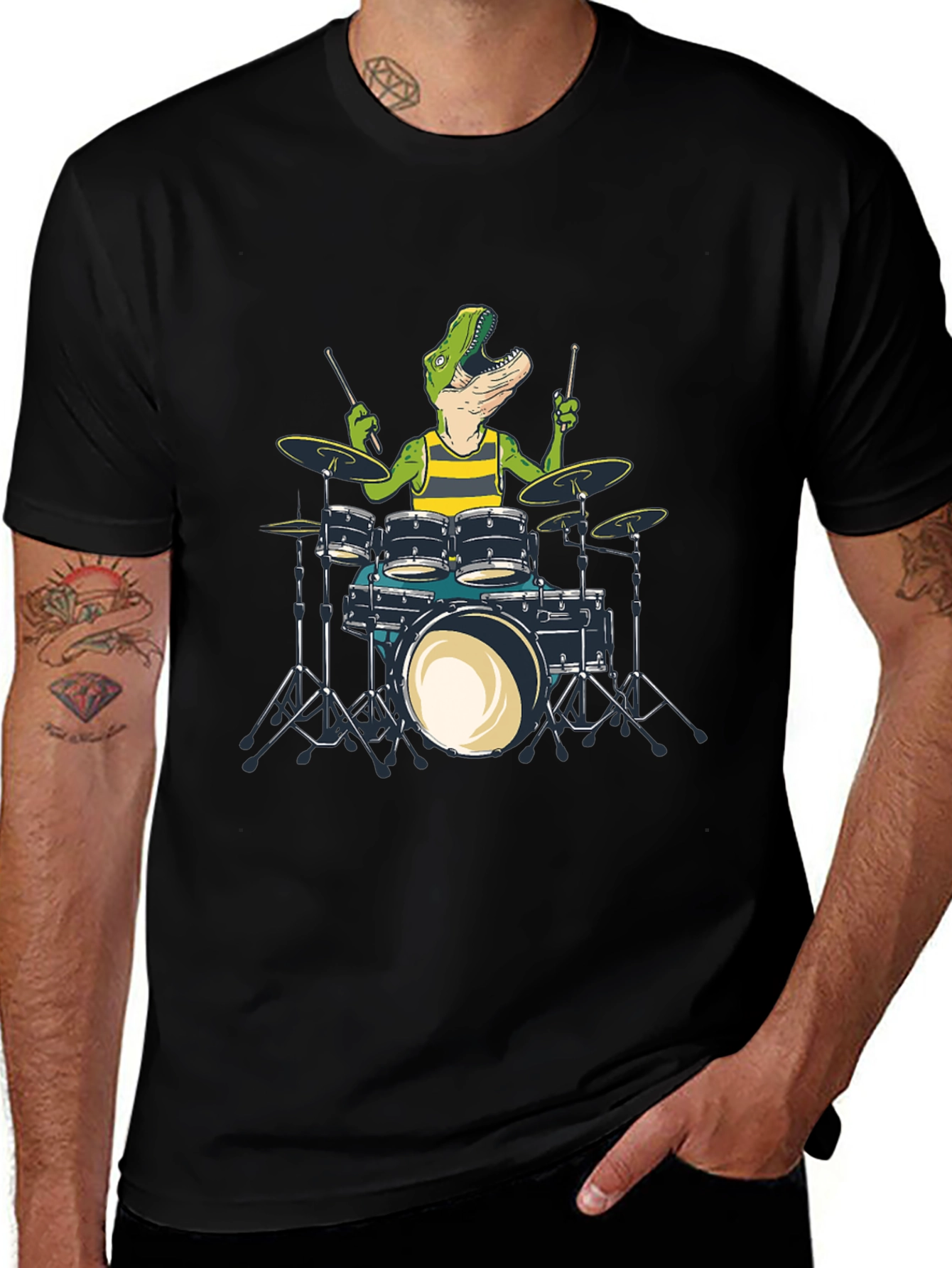 Dino Drummer T-Shirt: Black Crew Neck Cotton Tee
