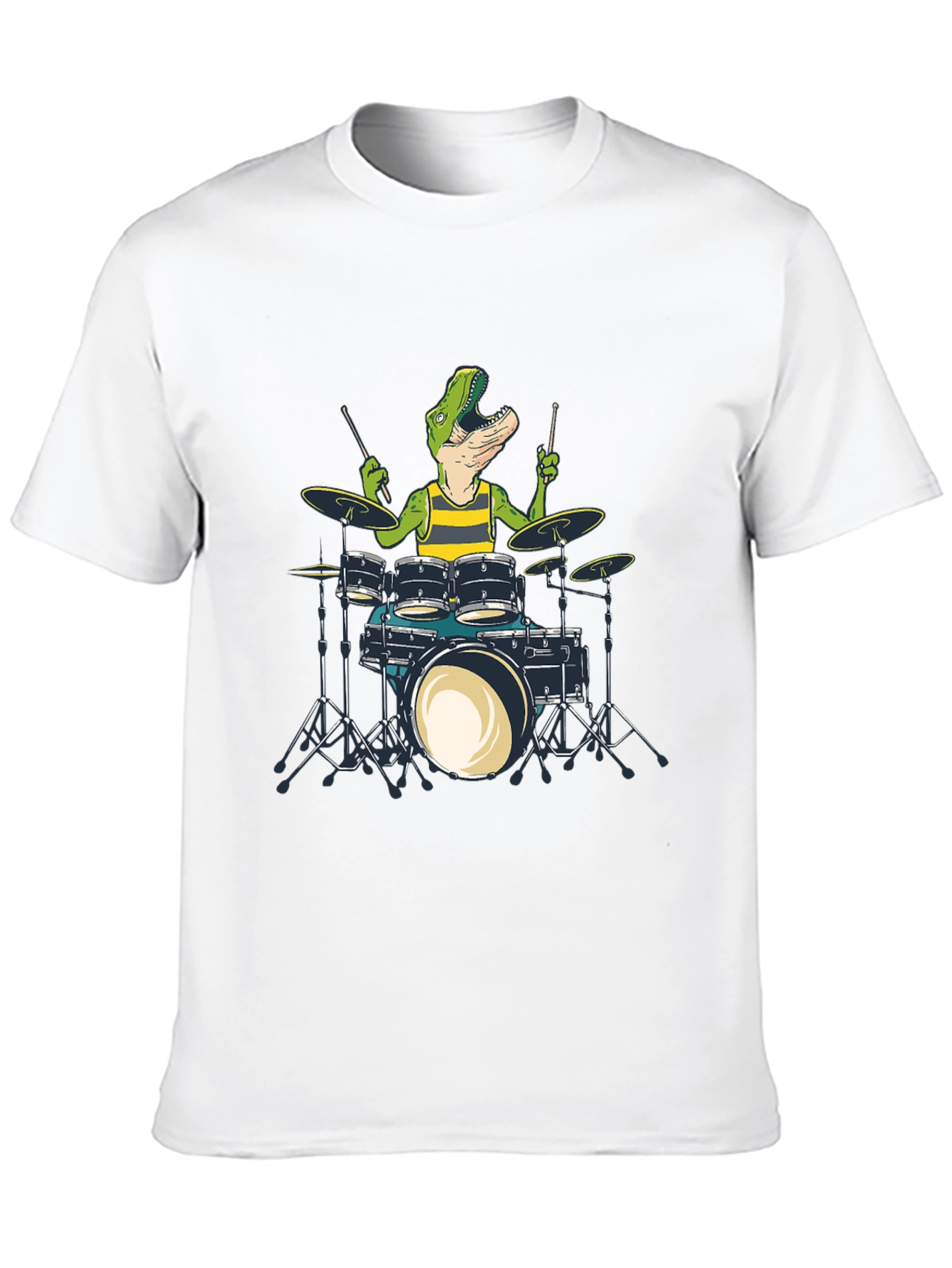Dino Drummer T-Shirt: Black Crew Neck Cotton Tee