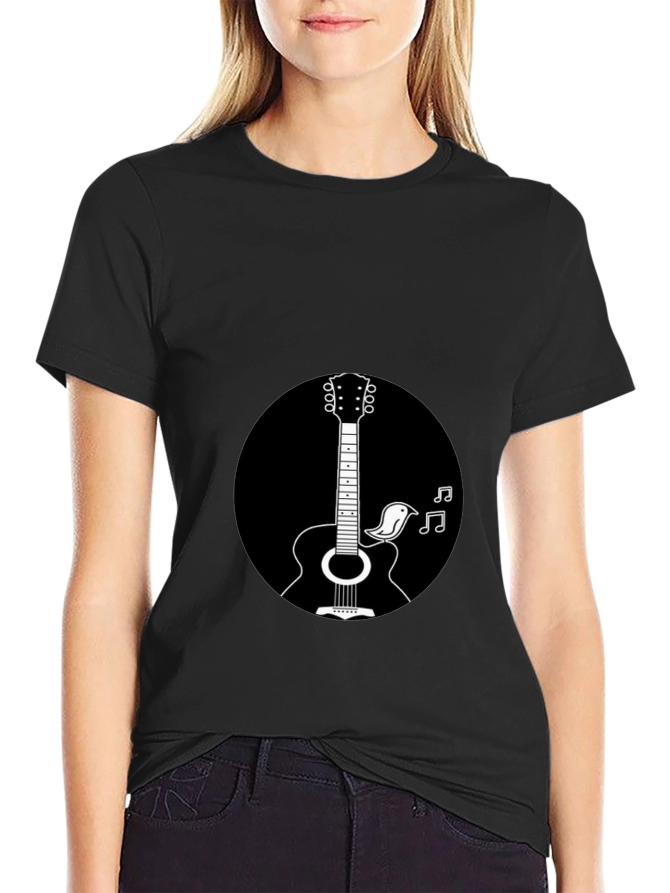 Guitar & Bird Graphic Black T-Shirt