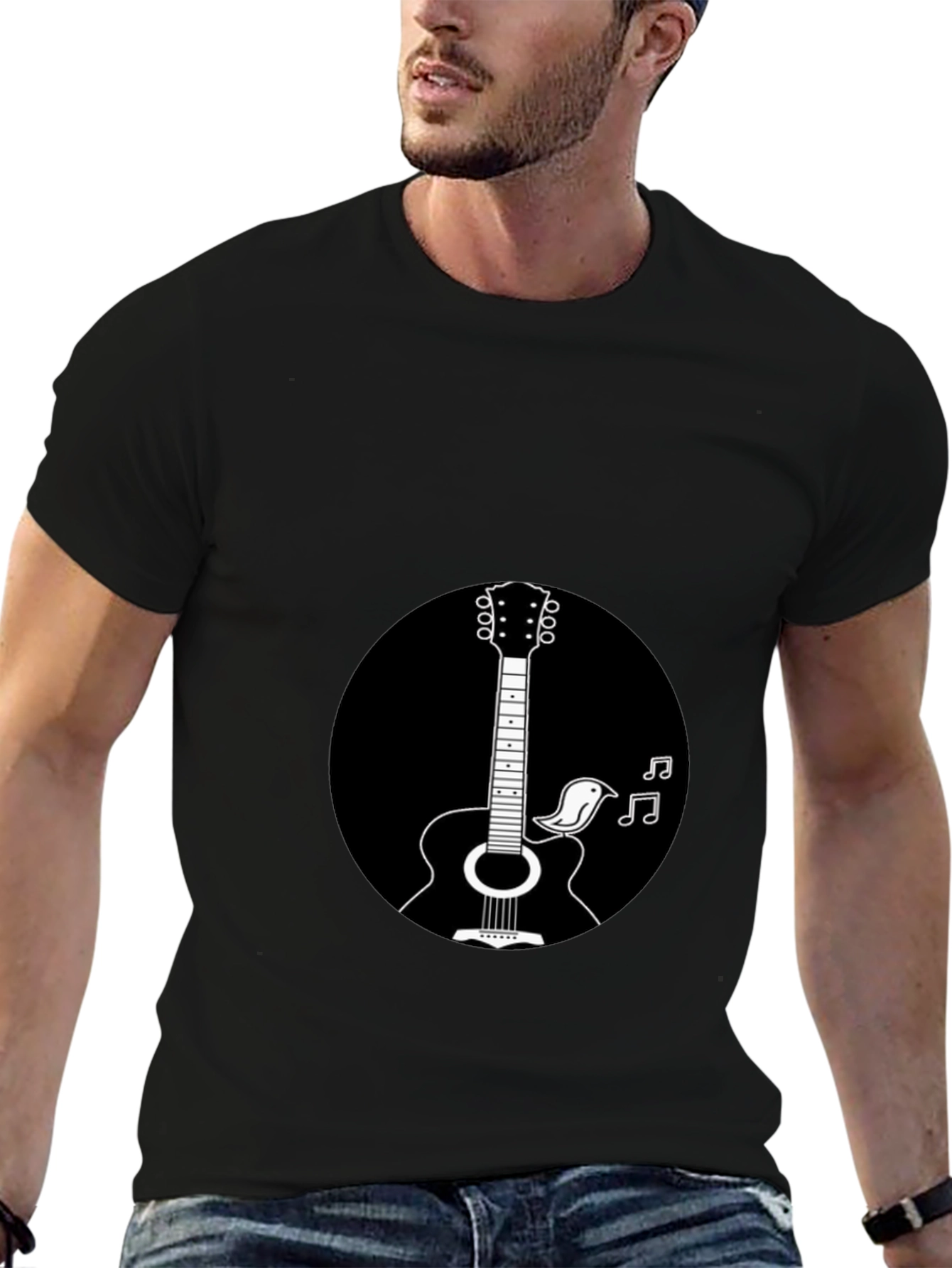 Guitar & Bird Graphic Black T-Shirt