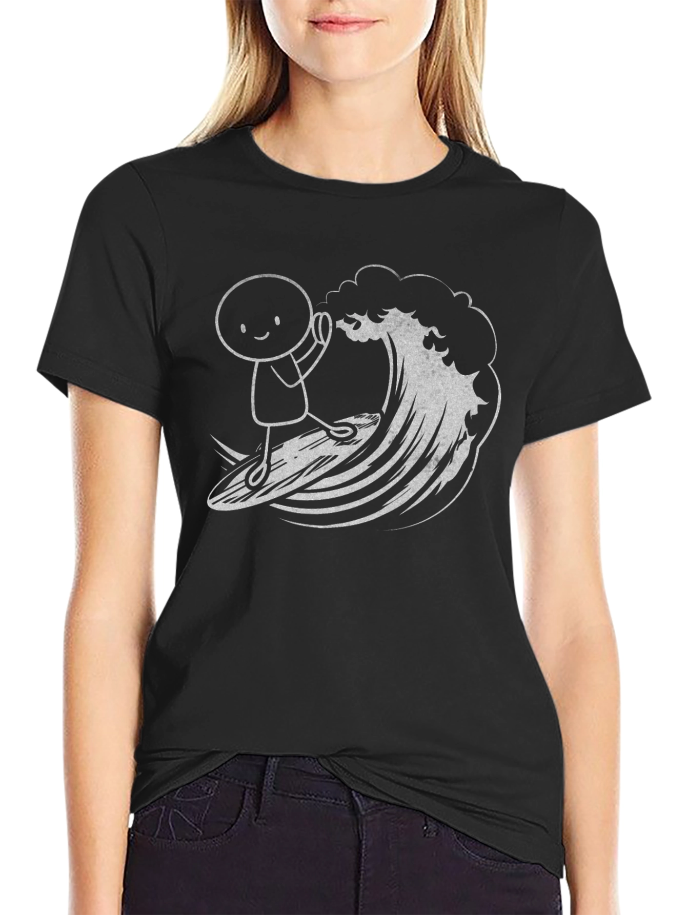 Surfing Stick Figure Graphic Tee - Black Cotton T-Shirt