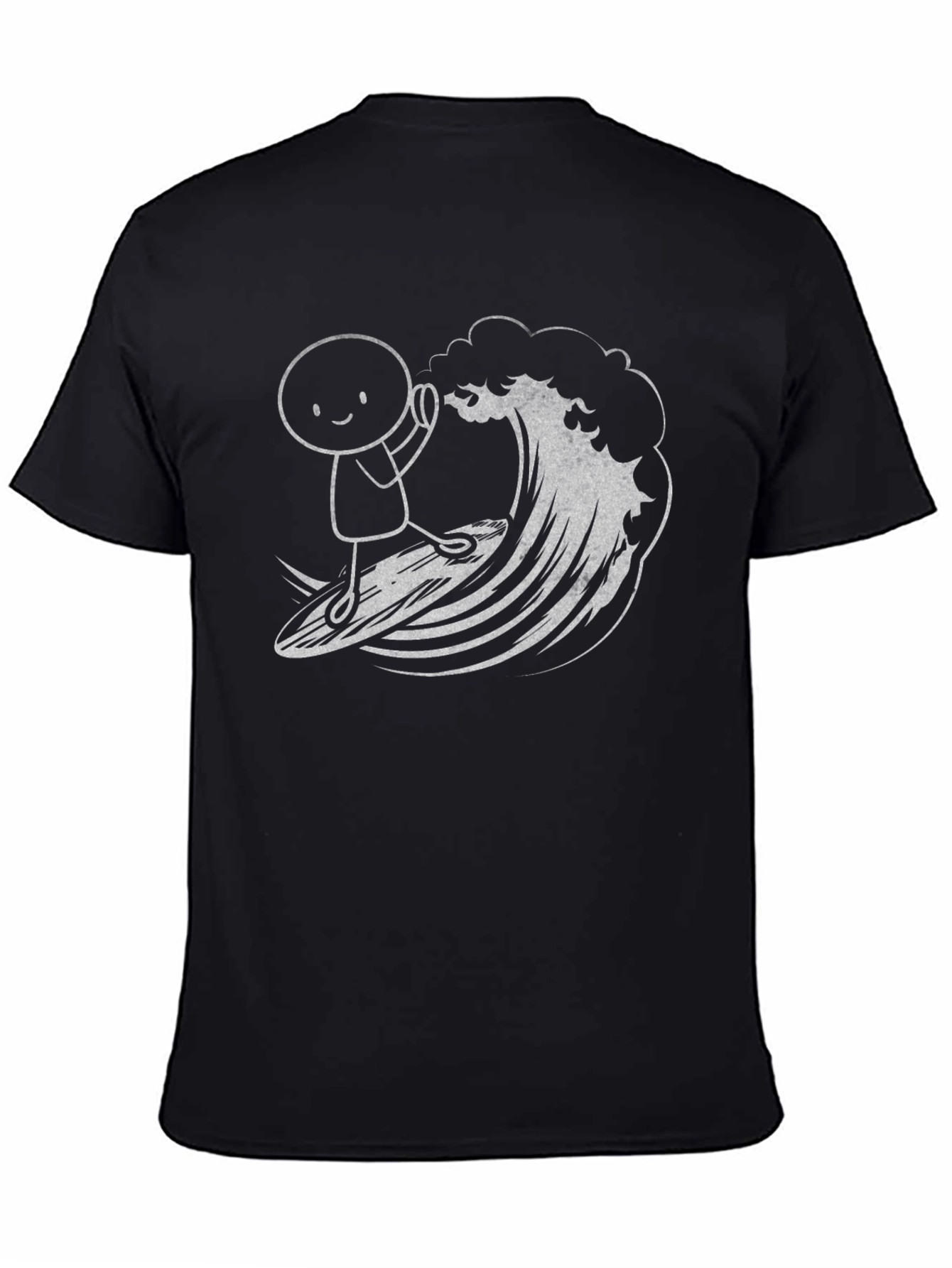 Surfing Stick Figure Graphic Tee - Black Cotton T-Shirt
