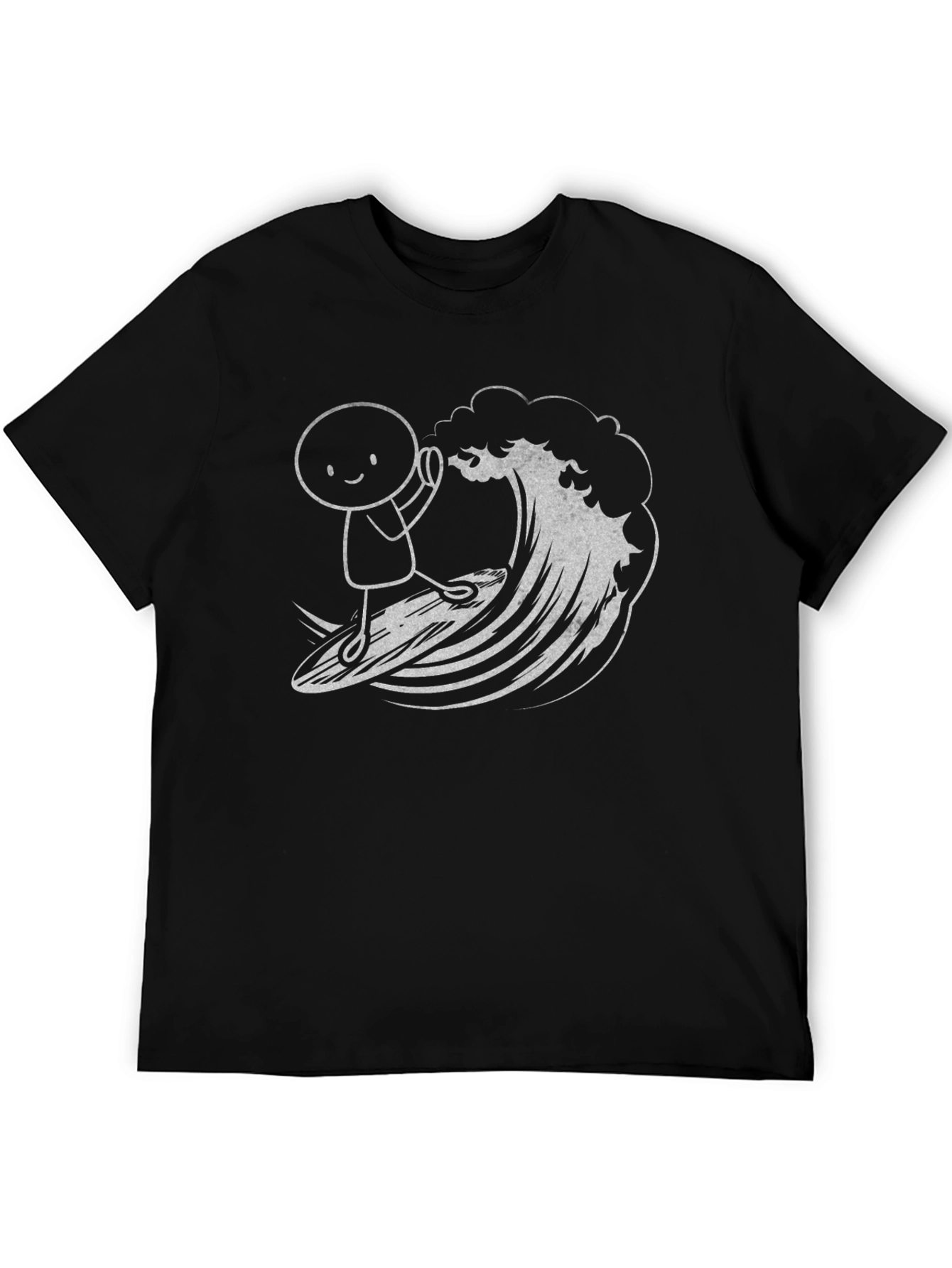 Surfing Stick Figure Graphic Tee - Black Cotton T-Shirt