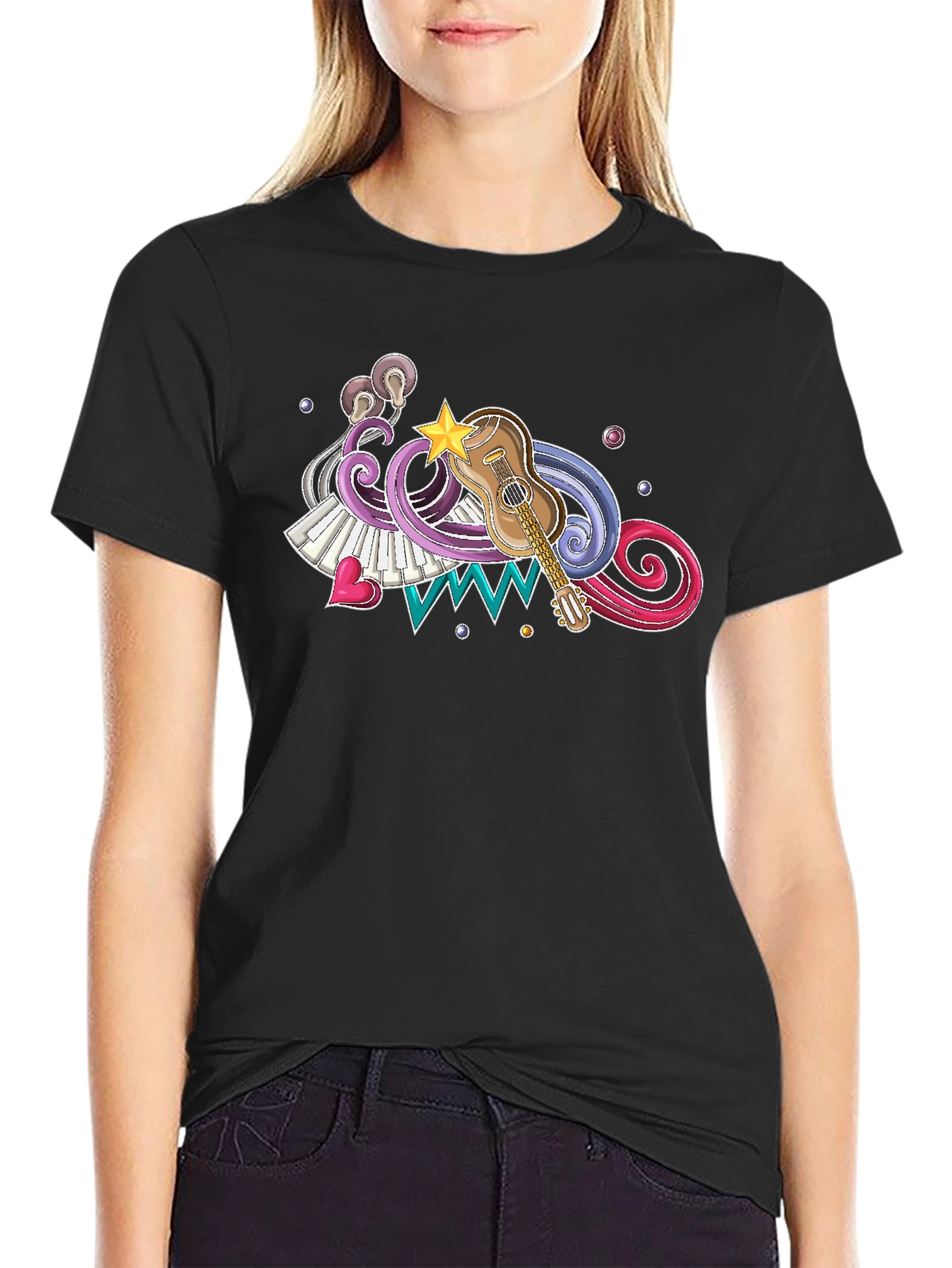 Musical Graphic Print Black T-Shirt