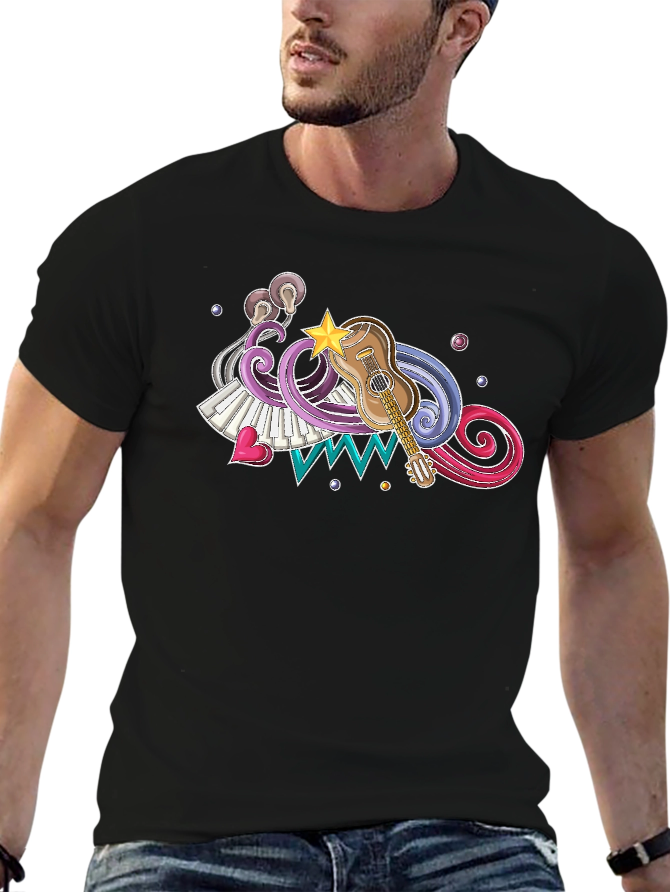 Musical Graphic Print Black T-Shirt