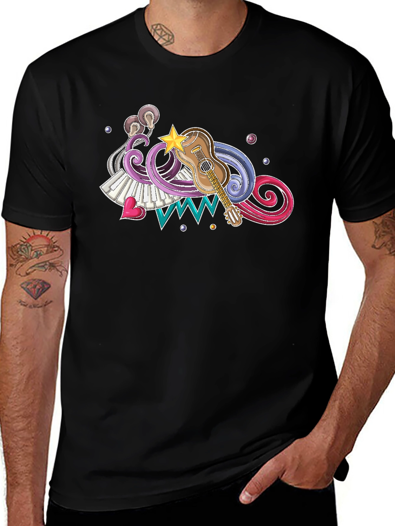 Musical Graphic Print Black T-Shirt