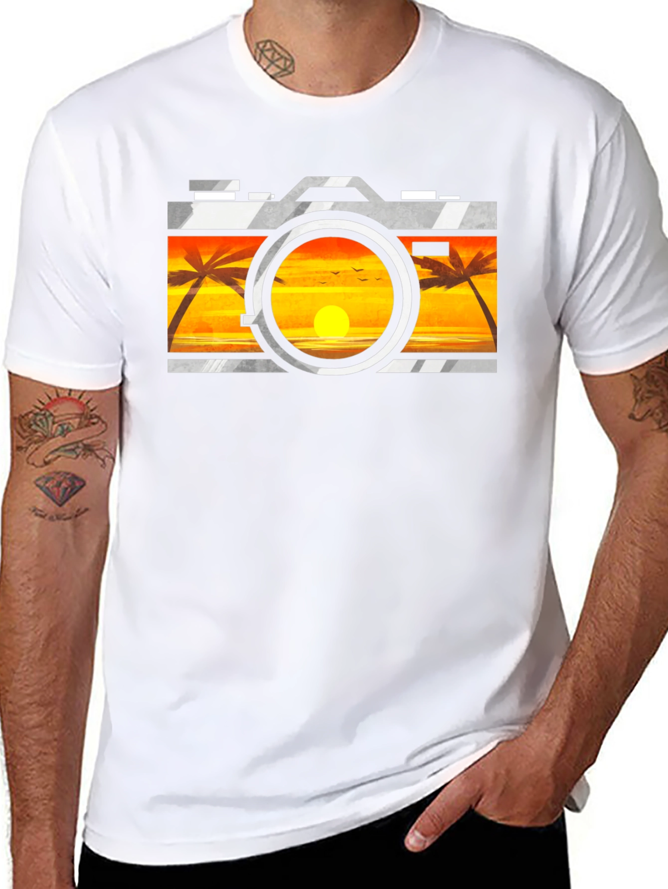 Sunset Camera Graphic Tee - Black Cotton T-Shirt