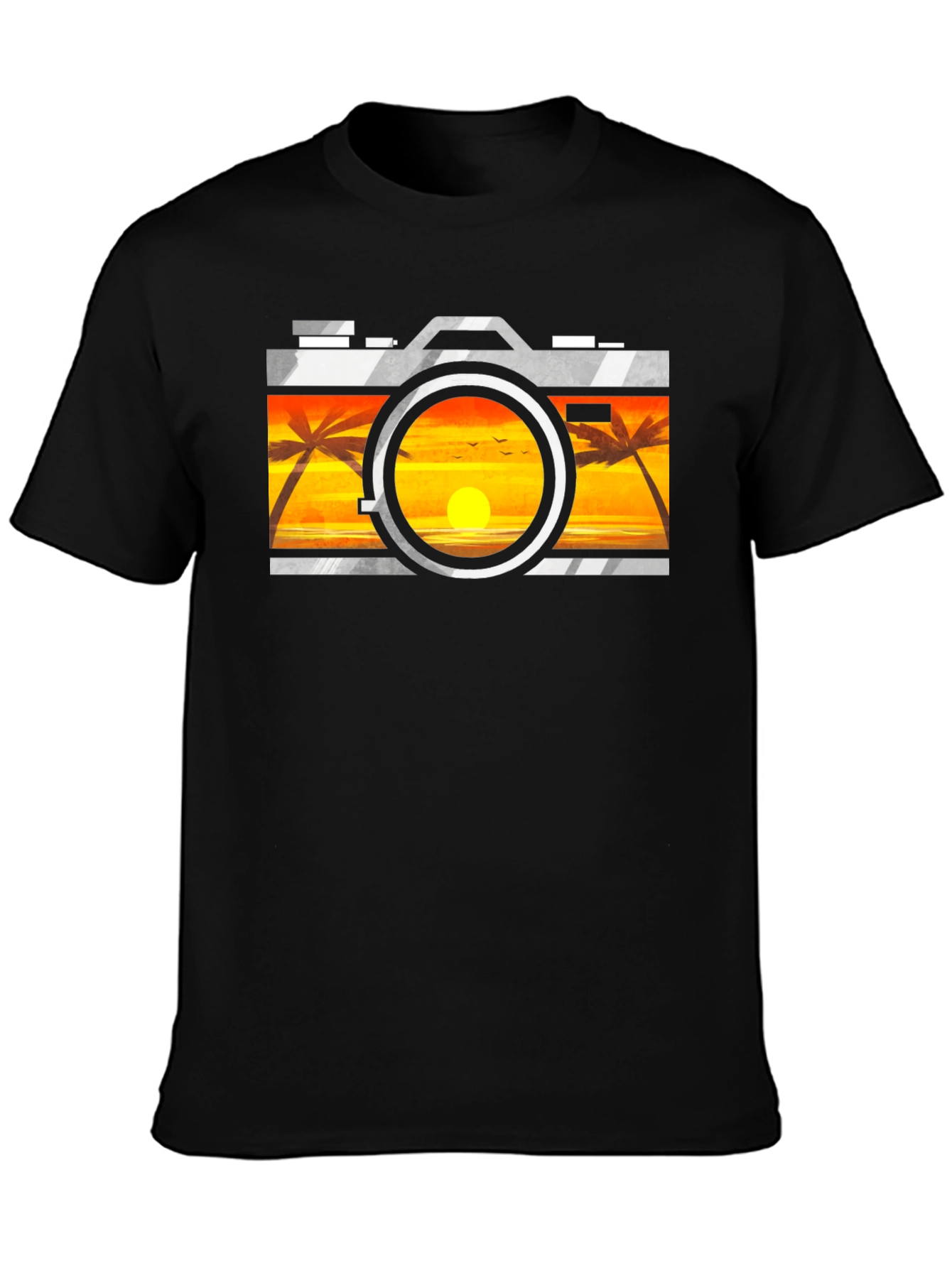 Sunset Camera Graphic Tee - Black Cotton T-Shirt