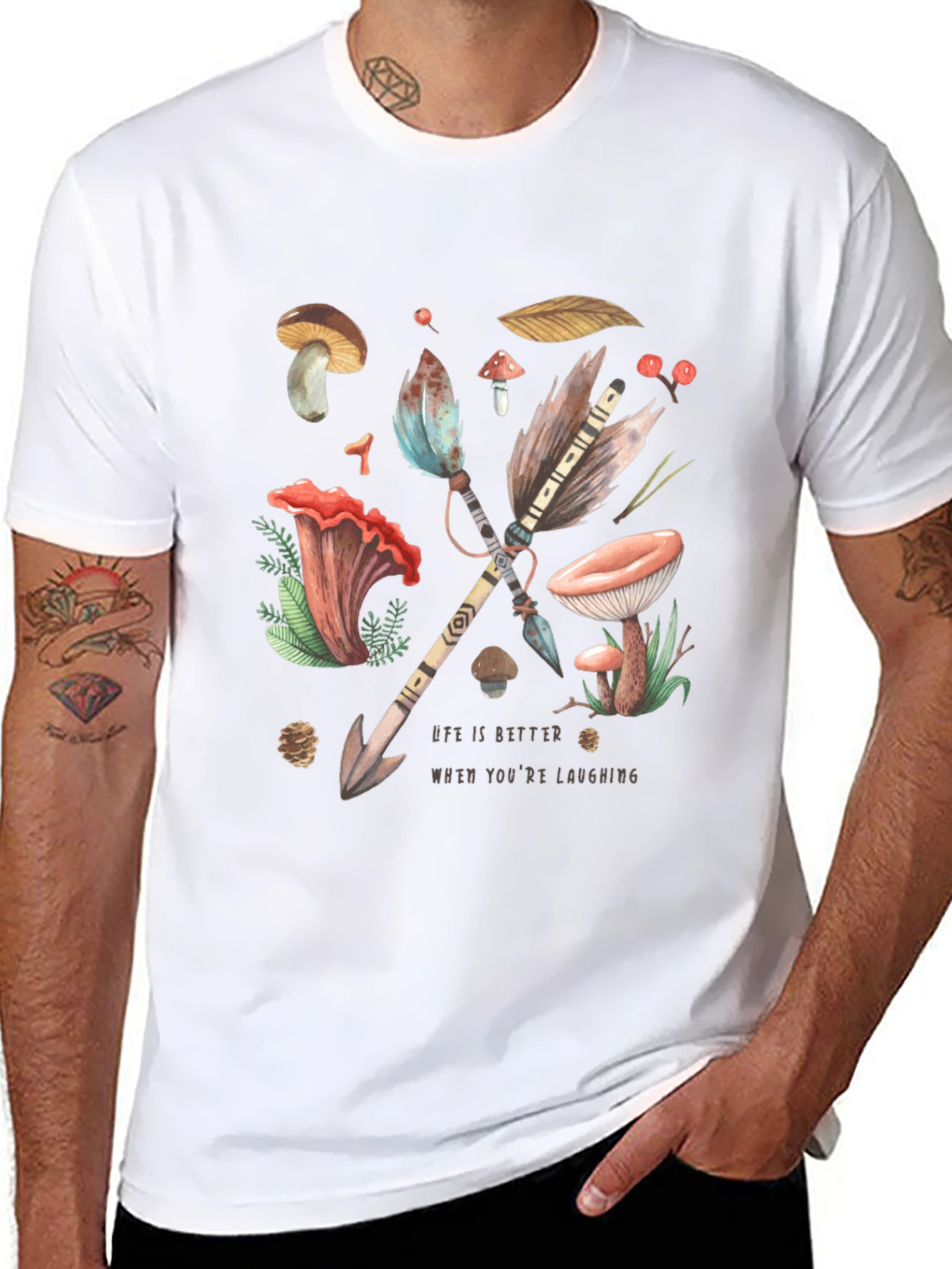 Whimsical Nature T-Shirt - Arrow & Mushroom Design