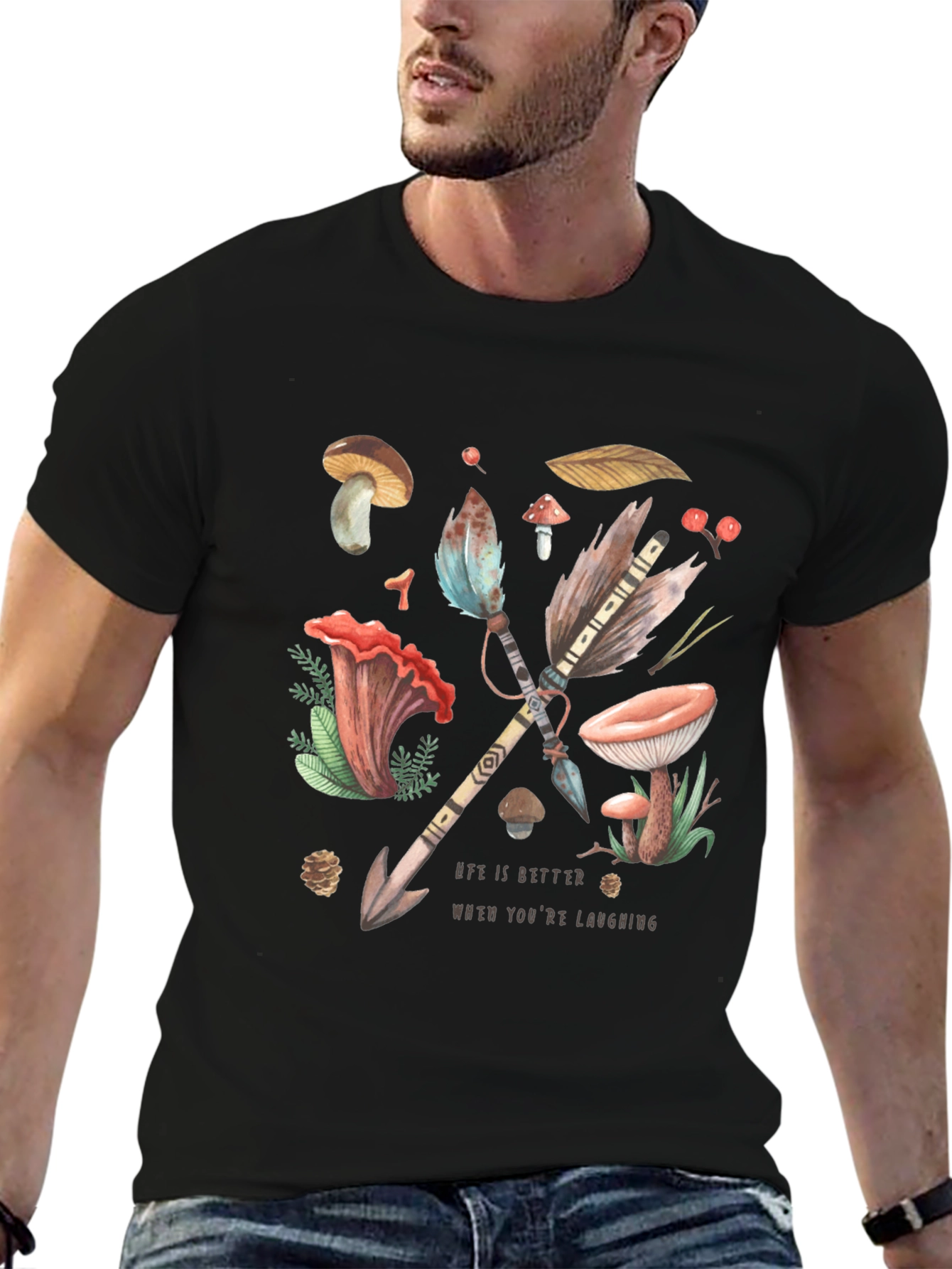 Whimsical Nature T-Shirt - Arrow & Mushroom Design