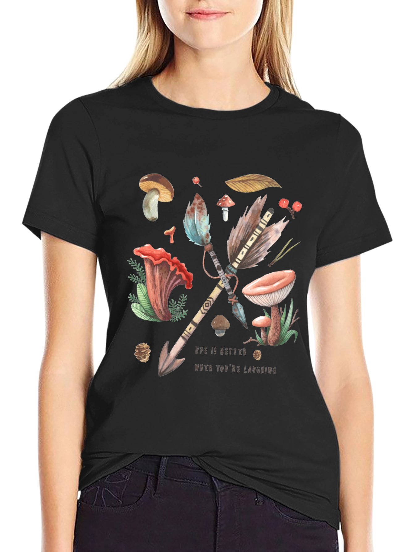 Whimsical Nature T-Shirt - Arrow & Mushroom Design
