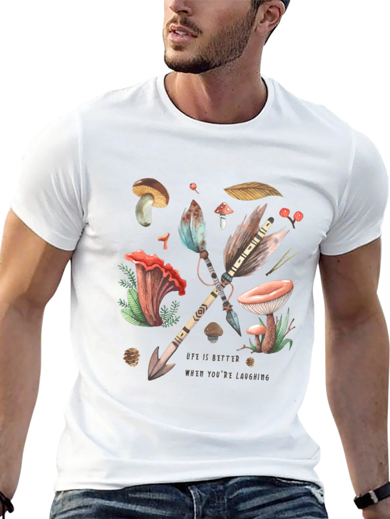 Whimsical Nature T-Shirt - Arrow & Mushroom Design
