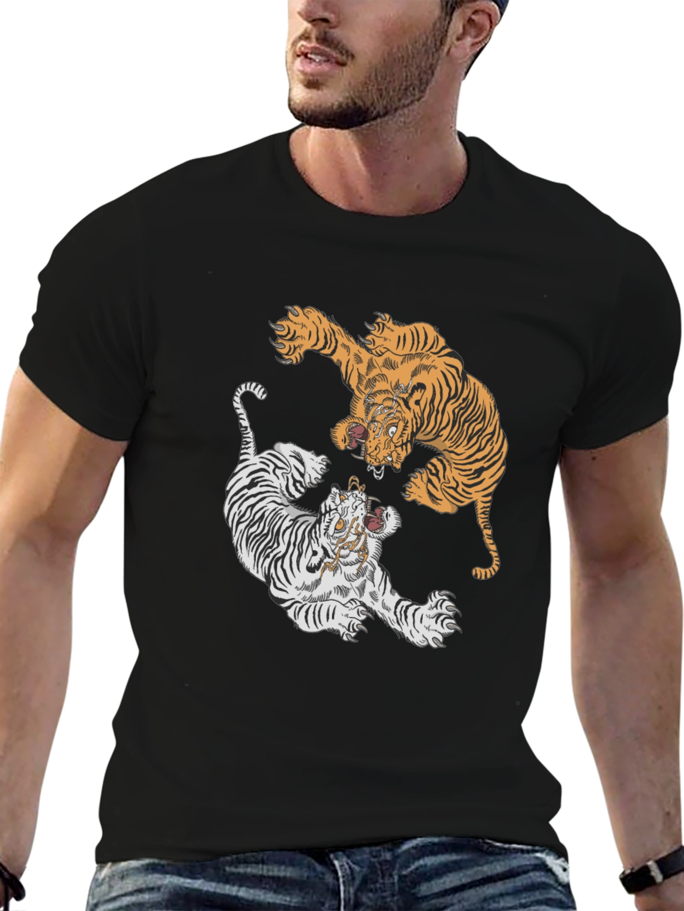 Tiger Yin Yang Graphic Tee - Black Cotton T-Shirt